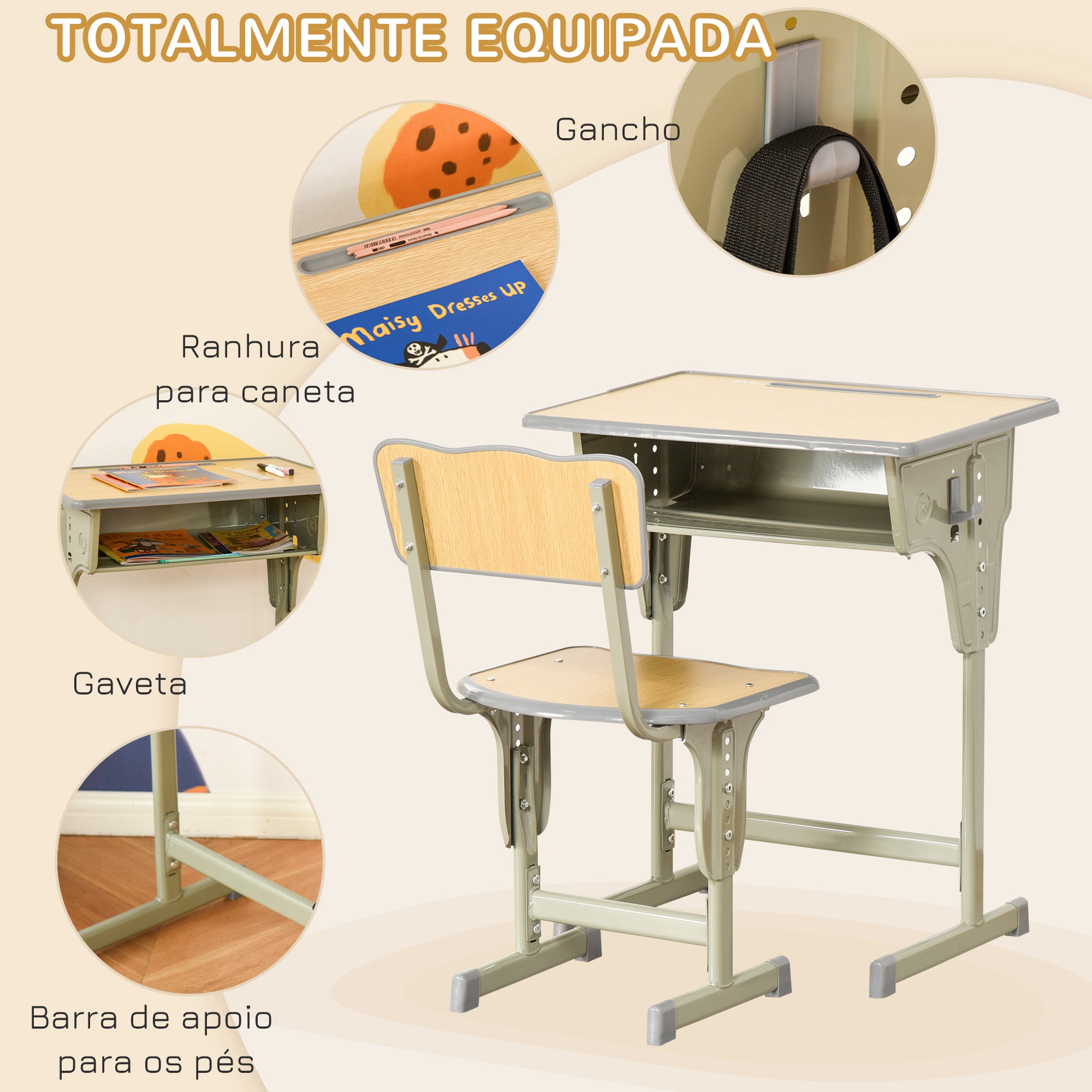 Secretária e Cadeira Infantil com Altura Ajustável em Madeira e Verde 60x40x58-76 cm