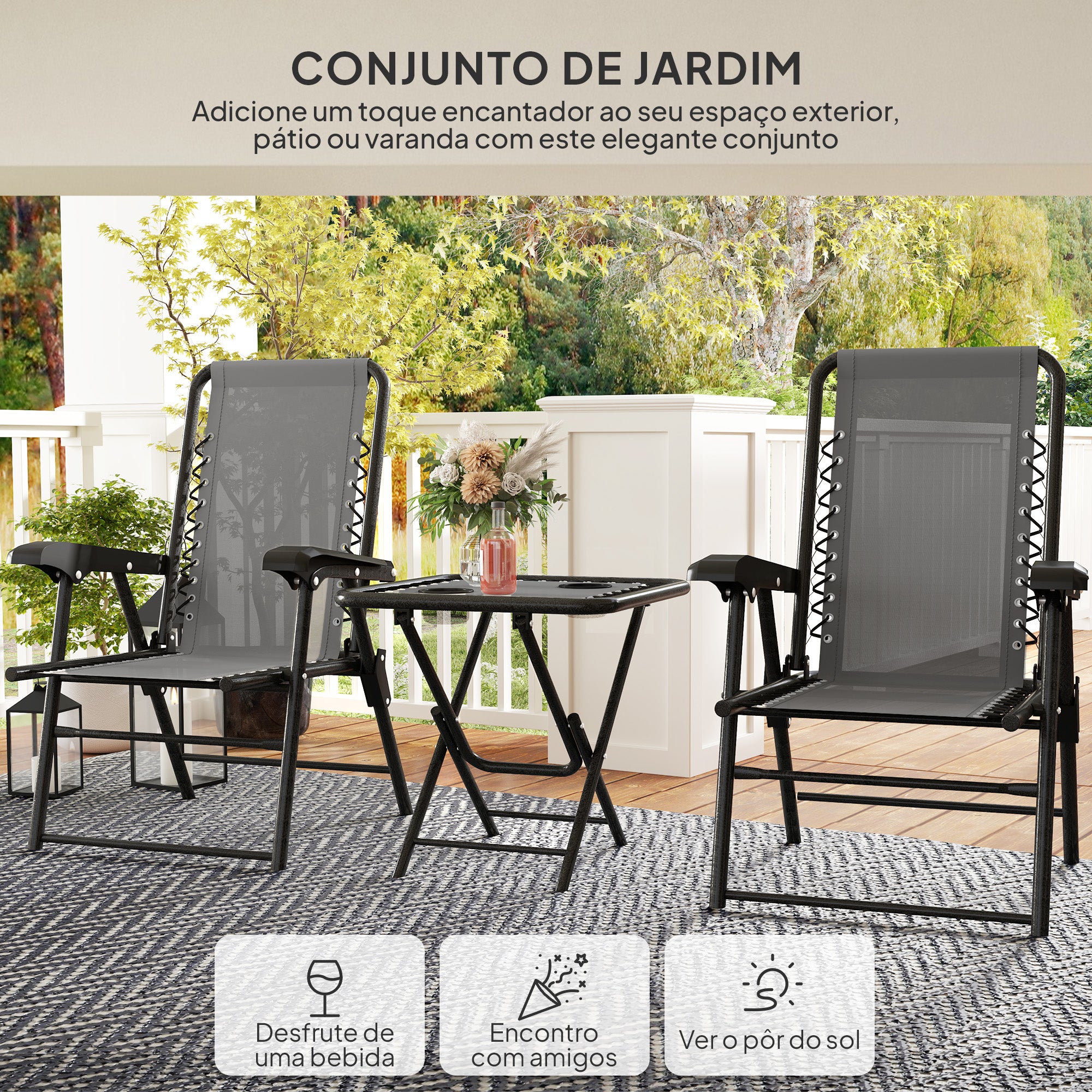 Conjunto de Mesa e Cadeiras de Jardim – 61x65x91 cm – Cinza e Preto – Aço