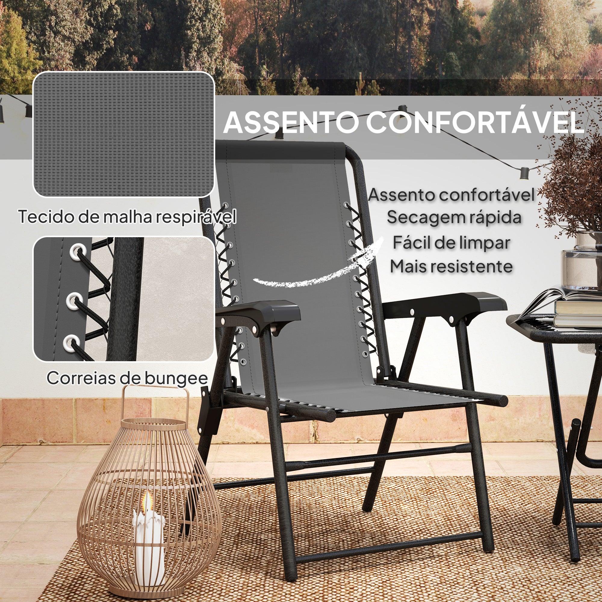 Conjunto de Mesa e Cadeiras de Jardim – 61x65x91 cm – Cinza e Preto – Aço