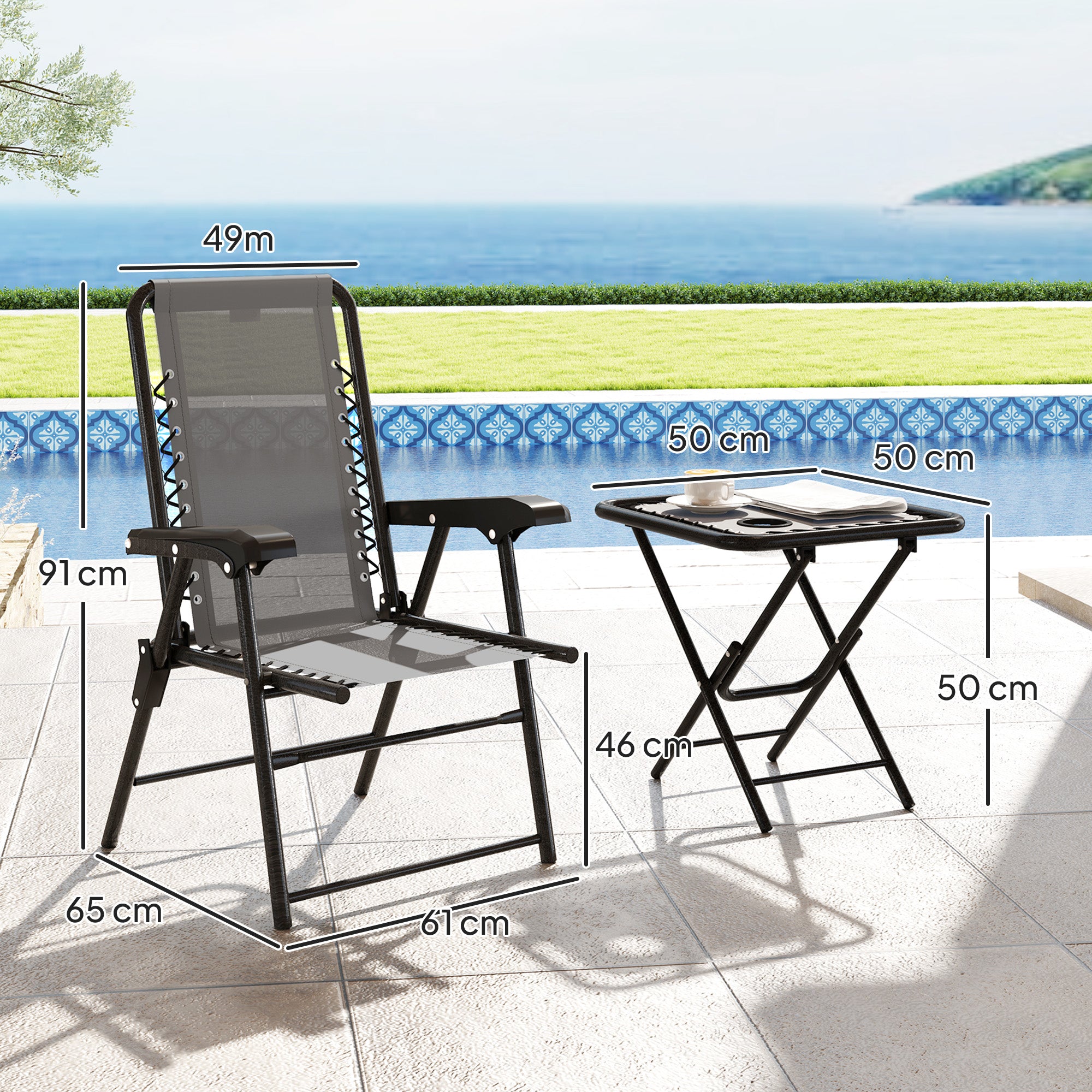 Conjunto de Mesa e Cadeiras de Jardim – 61x65x91 cm – Cinza e Preto – Aço