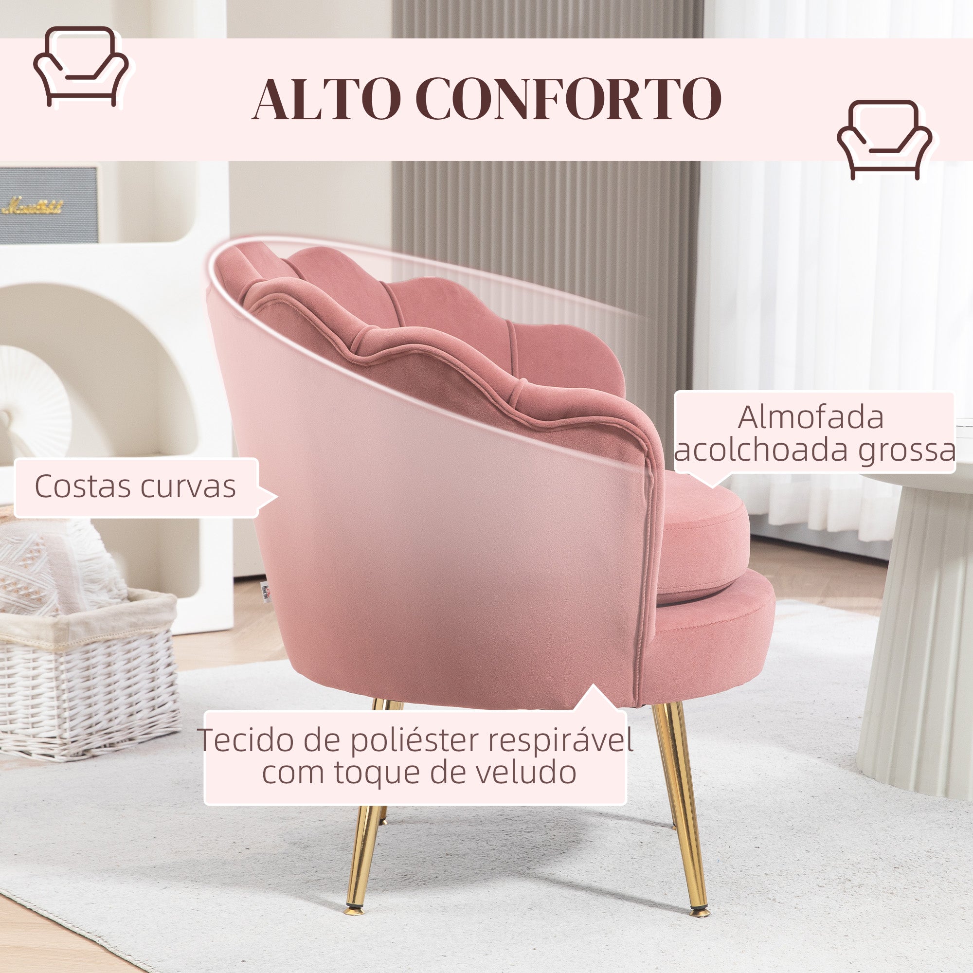 Poltrona Estofada em Veludo Rosa 76x67x74 cm