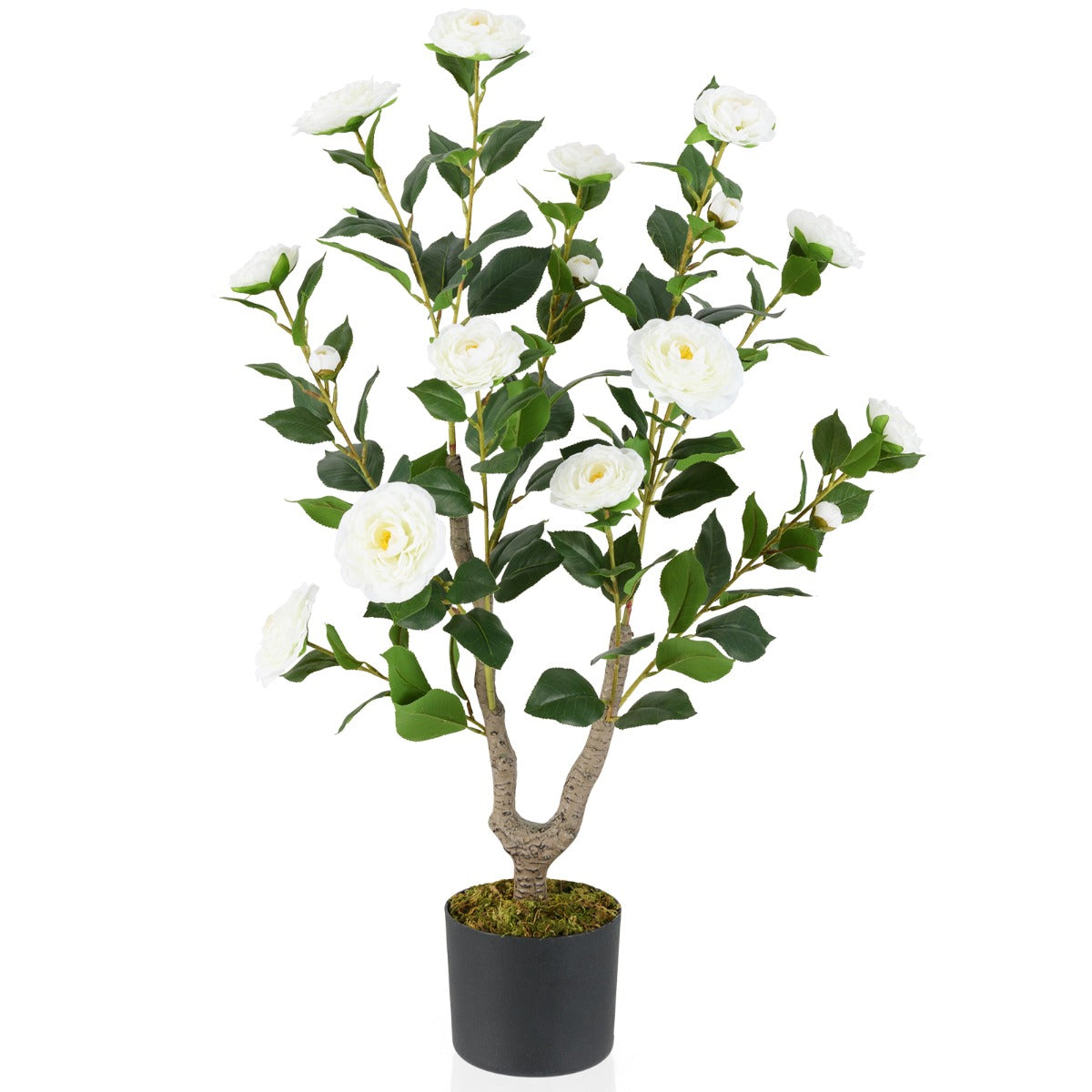 Árvore Artificial de Camélia 90 cm Planta Floral em Vaso de Viveiro Decoração para Casa Sala-Branco