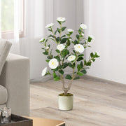 Árvore Artificial de Camélia 90 cm Planta Floral em Vaso de Viveiro Decoração para Casa Sala-Branco