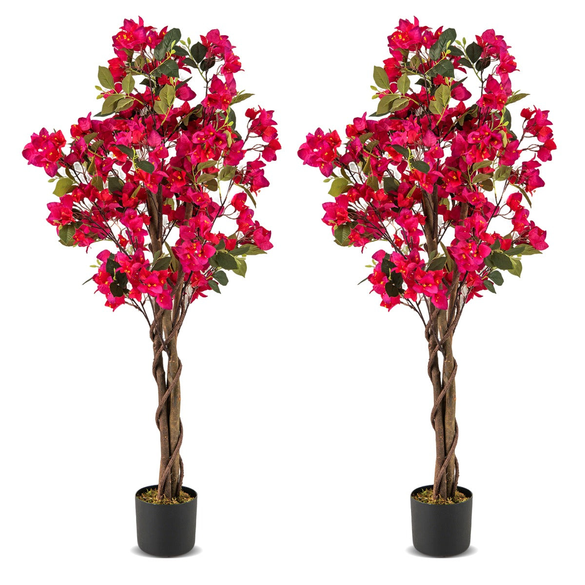 Árvore Artificial de Buganvília 120 cm Planta de Jardim Falsa Decorativa em Vaso com Flores Vermelhas - Conjunto de 2