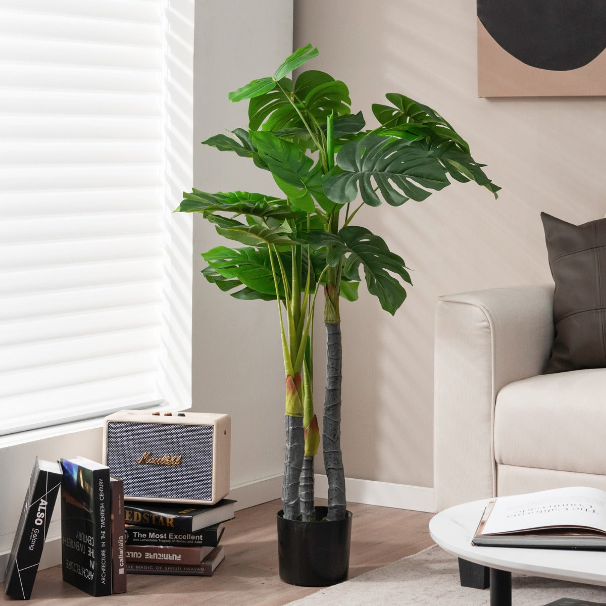 Árvore Artificial 120 cm Planta Falsa de Monstera Deliciosa com 20 Grandes Folhas Vaso de Concreto Musgo Realista para Casa Escritório Loja