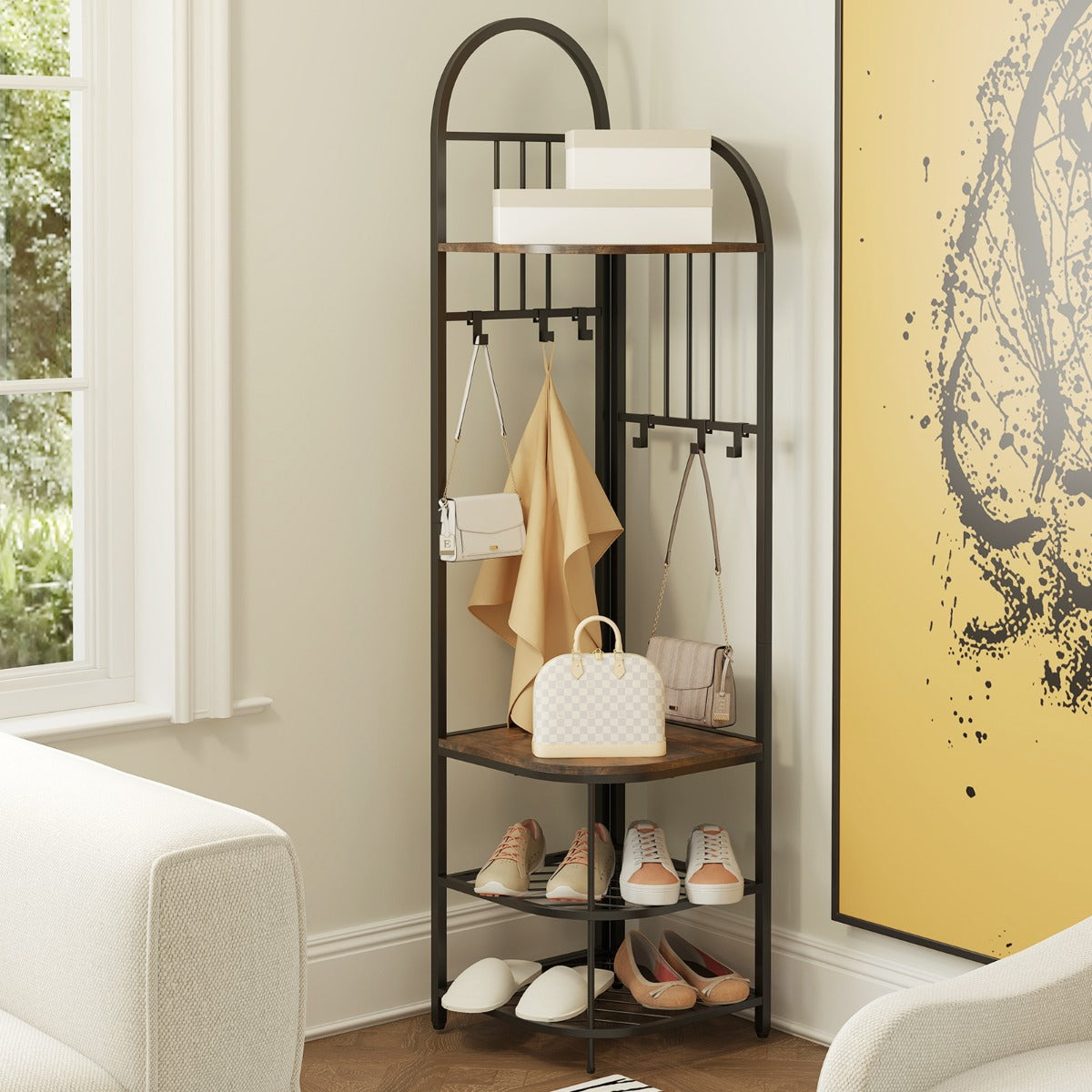 Cabide de Esquina de 4 Níveis com Banco para Sapatos – 180 cm – Castanho – Metal