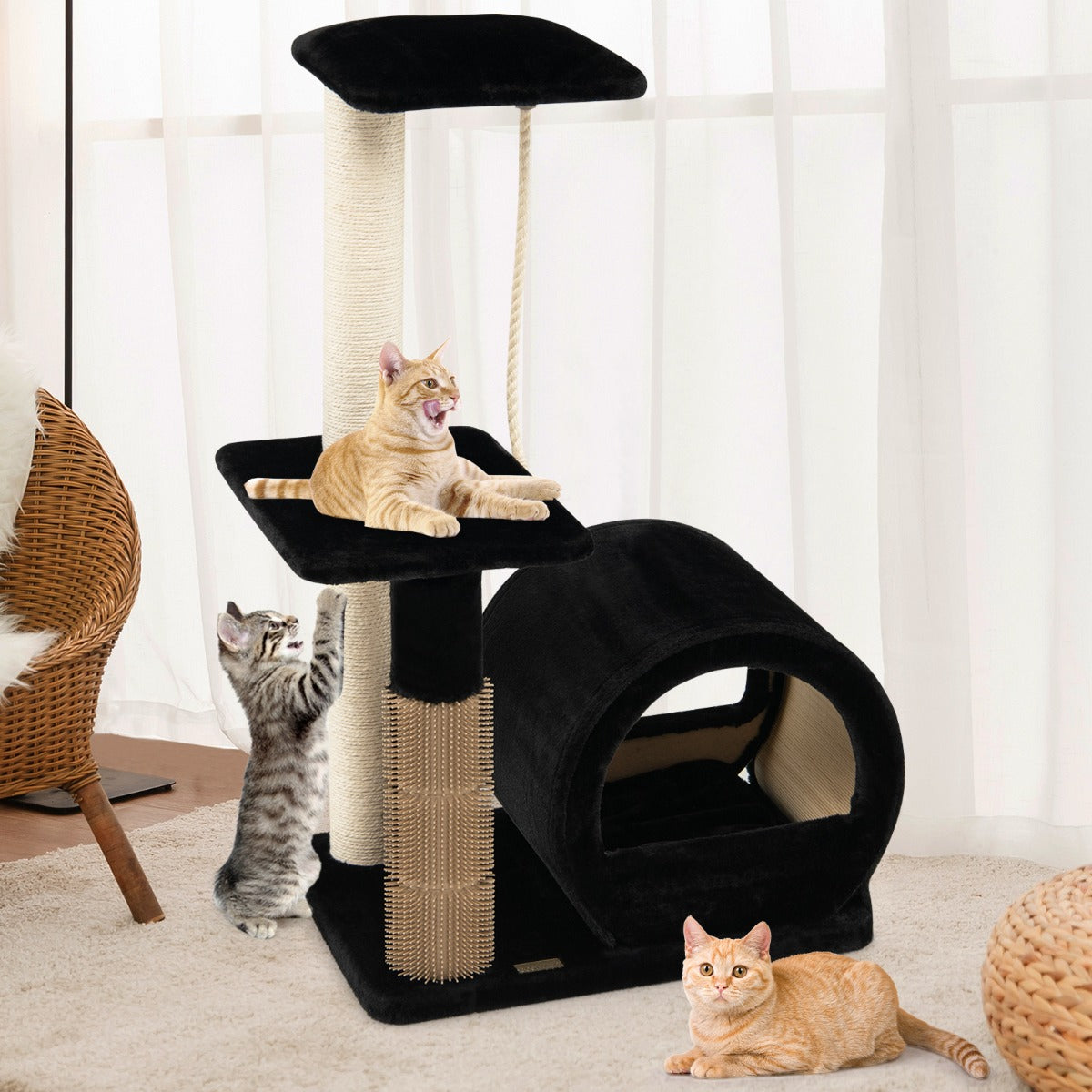 Árvore de Gatos de Múltiplos Níveis com Poste de Sisal Casa Confortável para Gatos 56 x 40 x 92cm - Preto