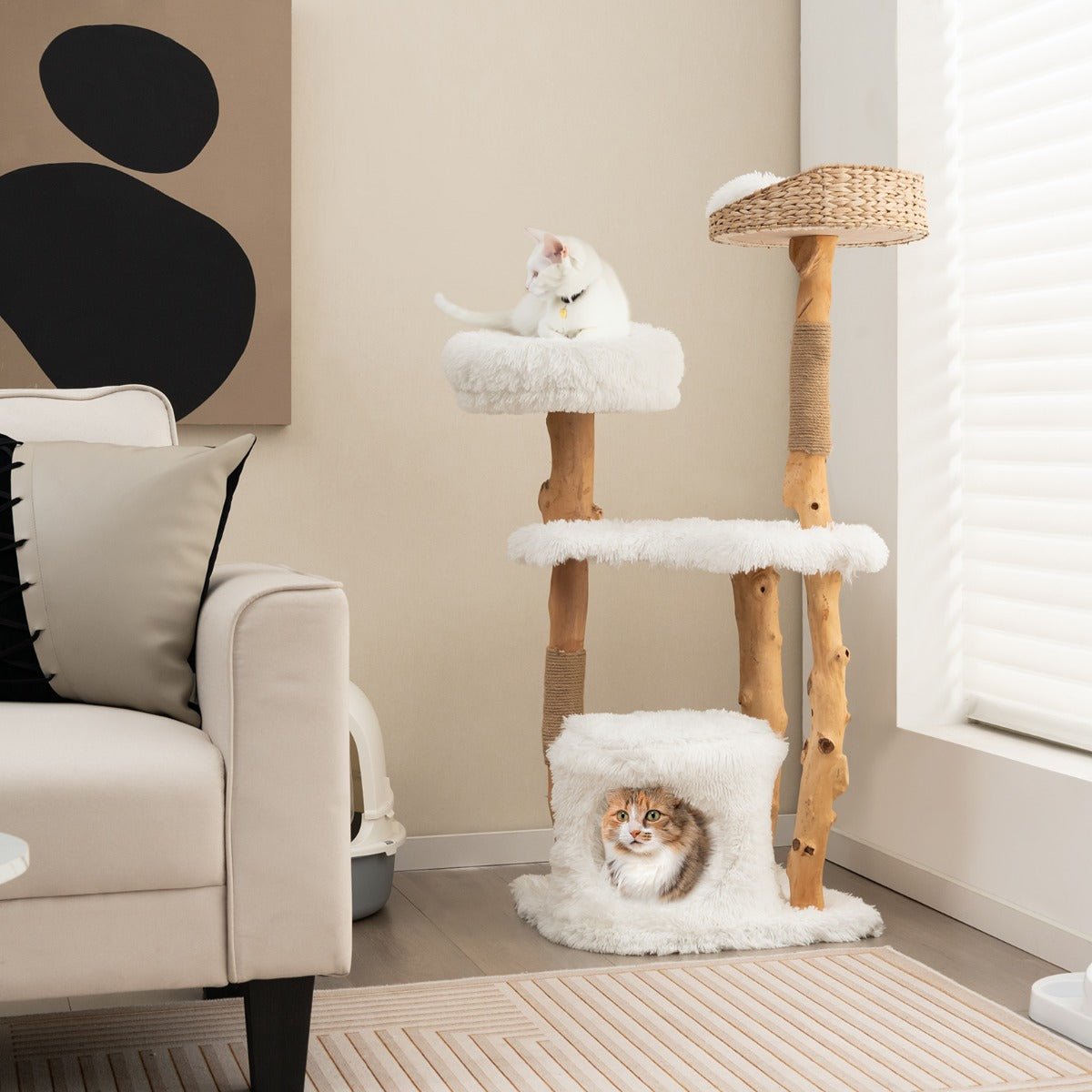 Árvore de Gatos em Madeira Maciça com Postes de Sisal Condomínio Móveis de Escalada Modernos para Gatos 48 x 48 x 124 cm