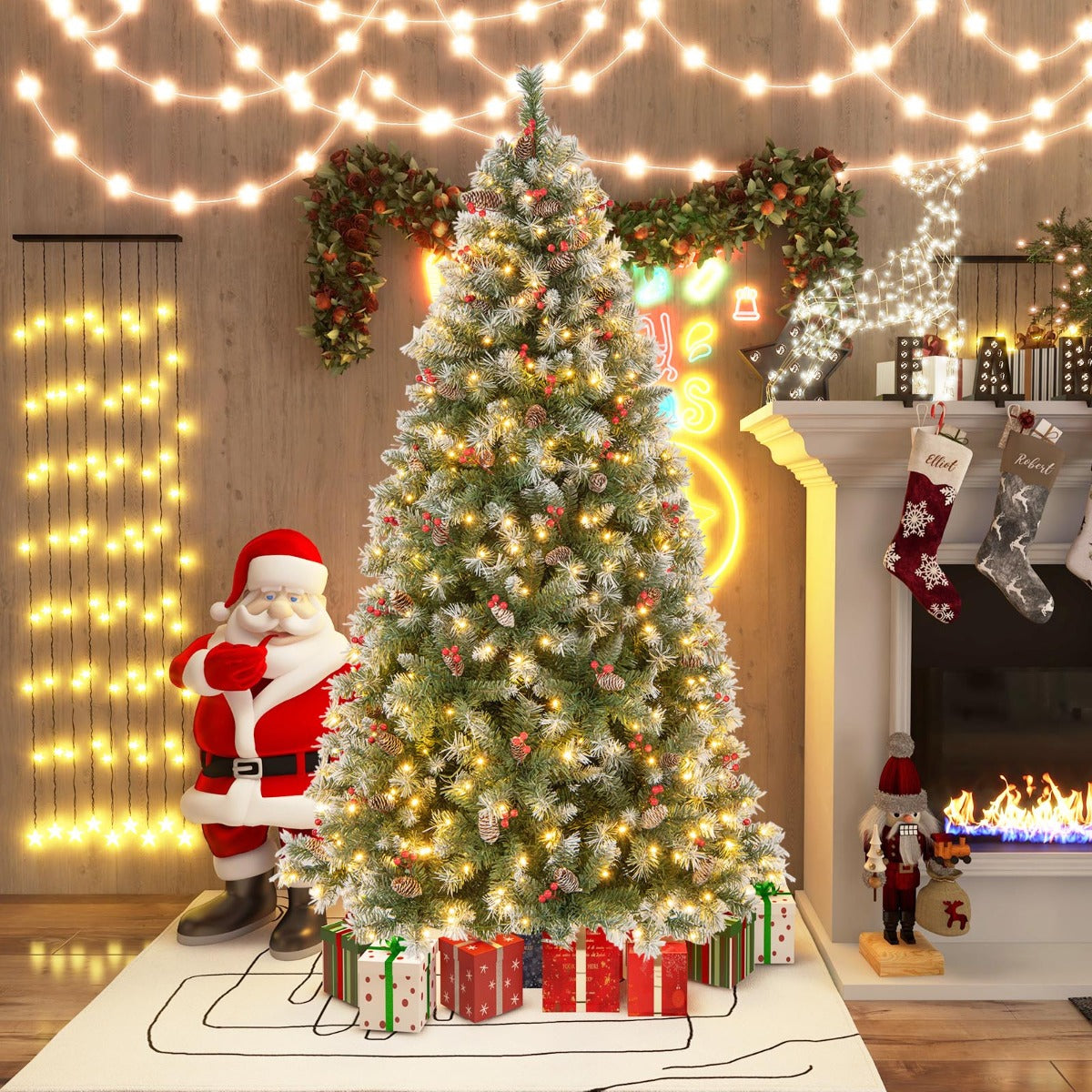 Árvore de Natal Artificial de 150cm/195cm com Luzes LED Brancas Quentes 8 Modos de Iluminação Verde e Branco-195 cm
