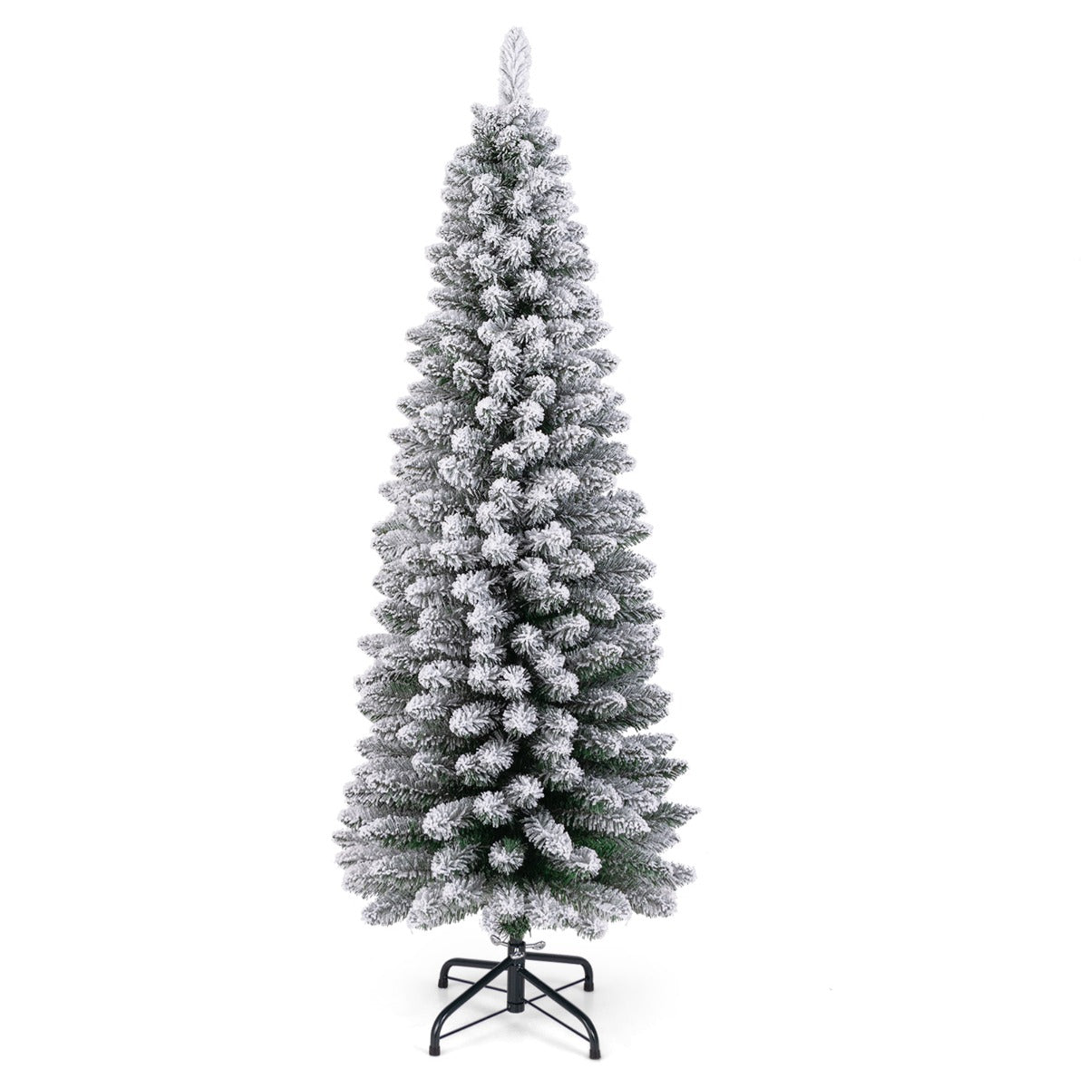 Árvore de Natal Artificial Nevada de 150 cm com 328 Pontas de Ramos, Base Metálica Dobrável, Árvore Decorativa com Formato Estreito