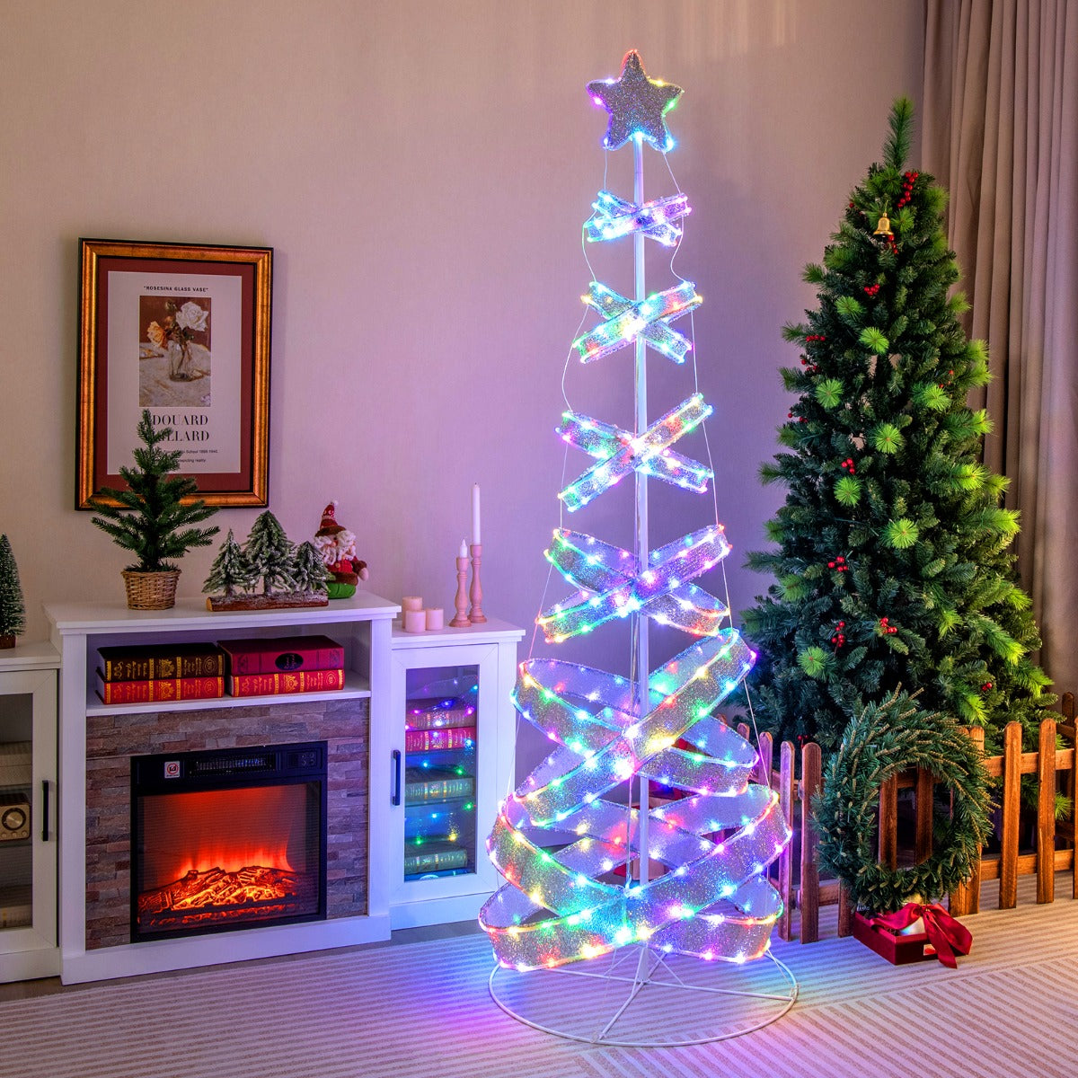Árvore de Natal em Espiral Pré-iluminada com 341 Luzes LED de Mudança de Cor - 210cm