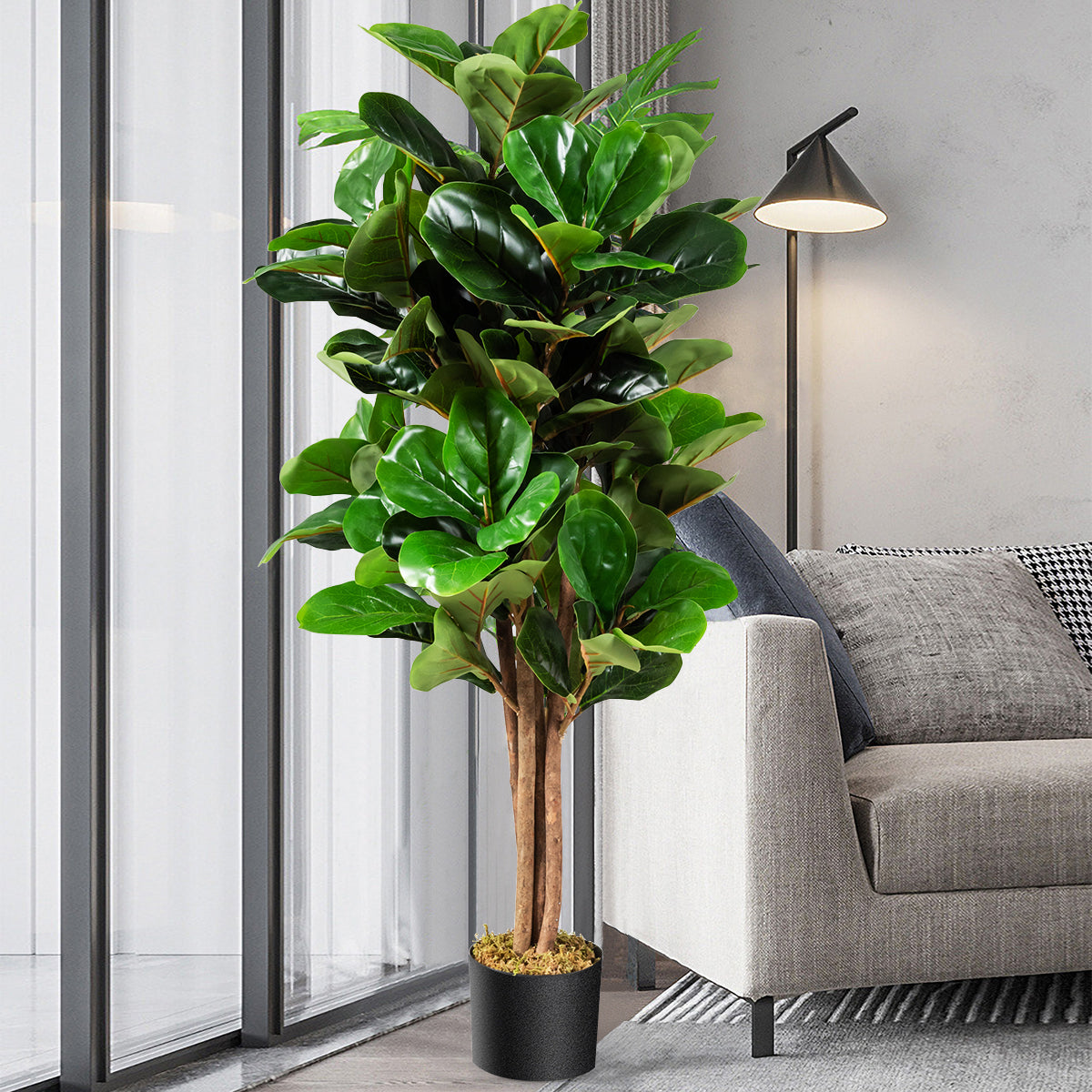 Árvore Ficus Lyrata Artificial de 1,2 m com Vaso de Flores em PP Suave para Decoração Verde