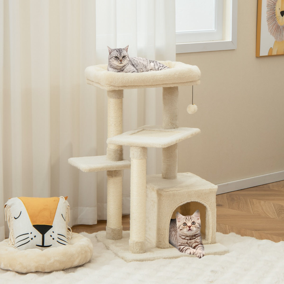 Árvore para Gatos de 4 Níveis com Postes para Arranhar Plataforma Superior em Peluche Árvore de Atividades Interior 63 x 56,5 x 85 cm - Bege