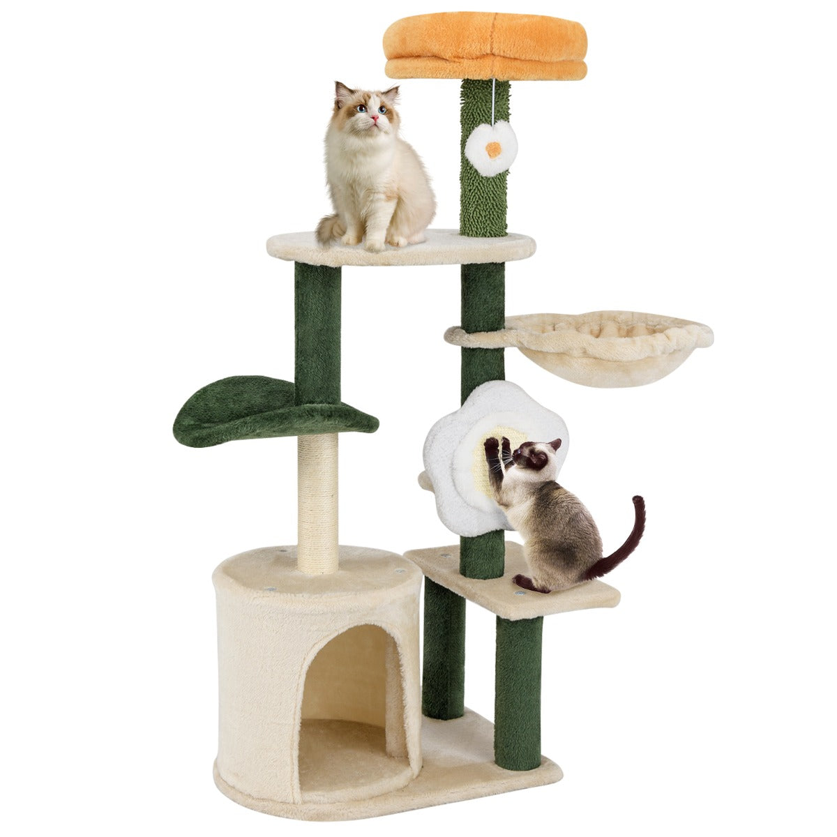 Árvore para Gatos 114cm com Forma de Flor Percha Almofadada Poste e Tabuleiro Arranhador de Sisal Verde e Bege