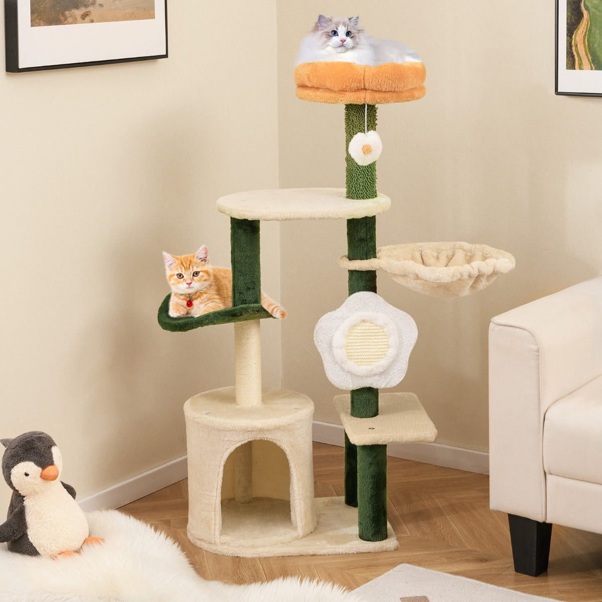 Árvore para Gatos 114cm com Forma de Flor Percha Almofadada Poste e Tabuleiro Arranhador de Sisal Verde e Bege