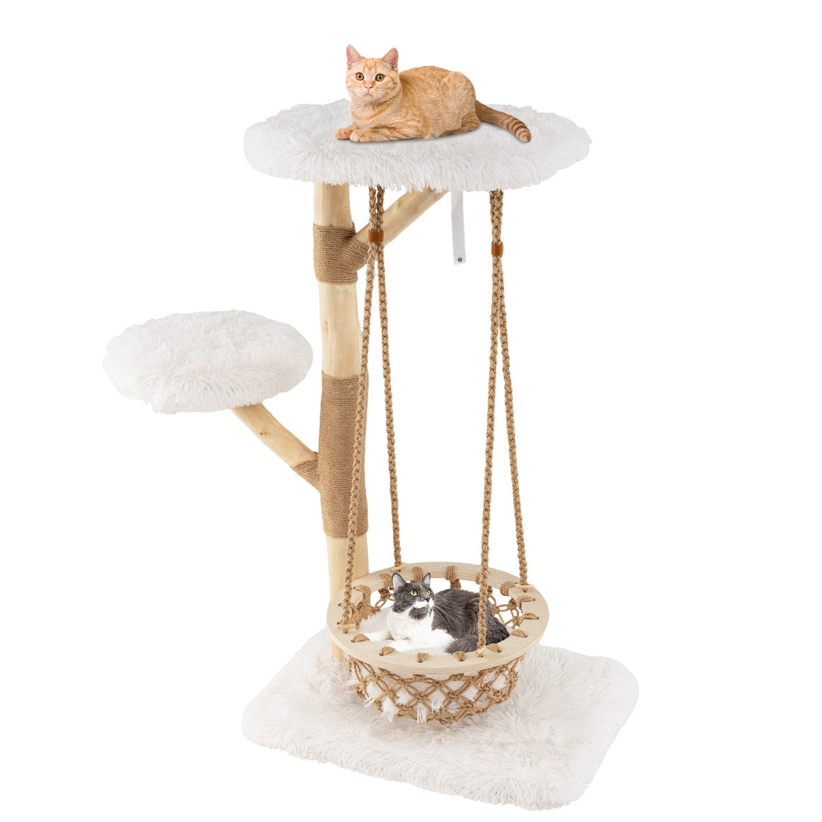 Árvore para Gatos Moderna com Rede Pendurada, Ramos de Madeira, Postes Arranhadores de Juta e 2 Perches
