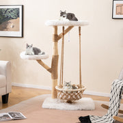 Árvore para Gatos Moderna com Rede Pendurada, Ramos de Madeira, Postes Arranhadores de Juta e 2 Perches