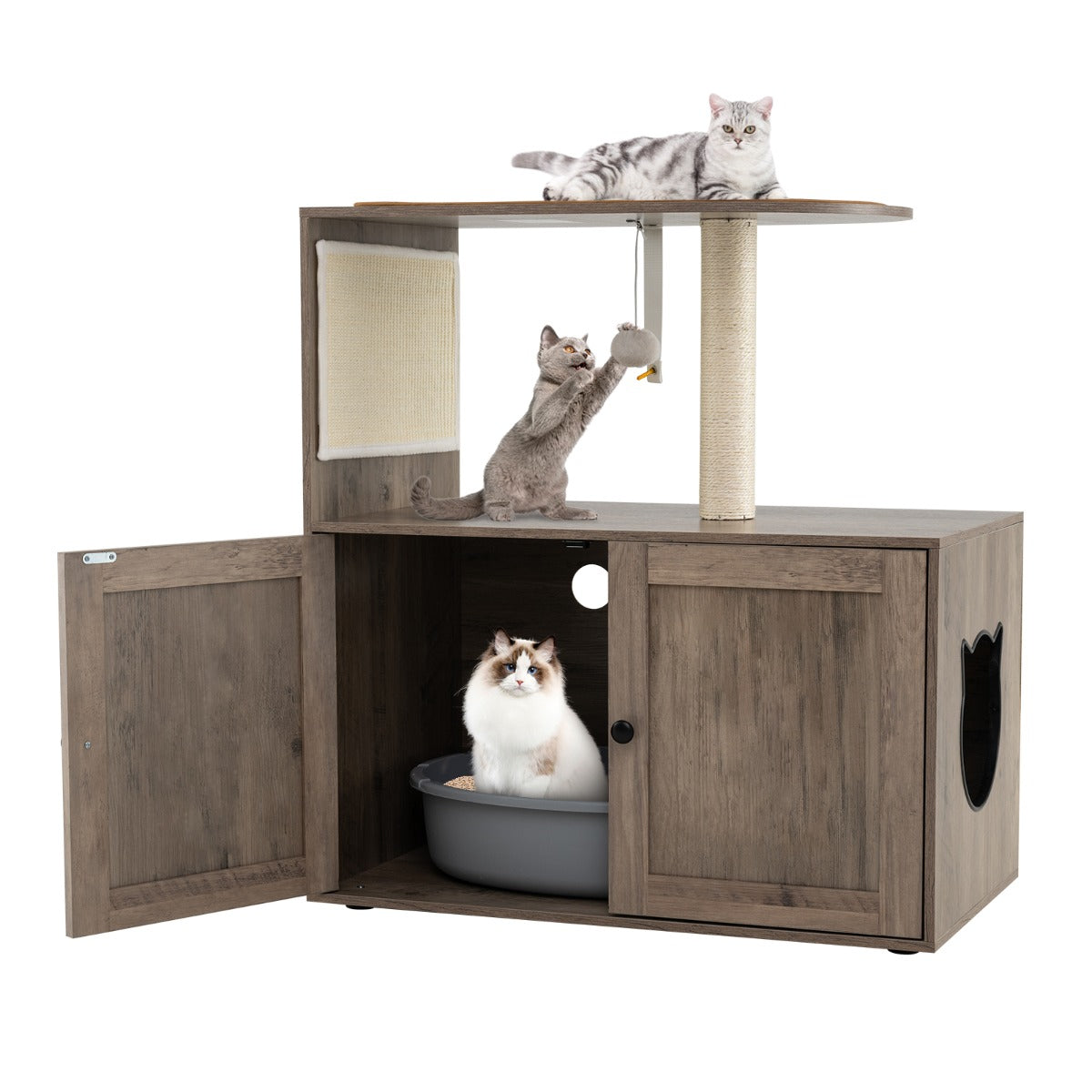 Árvore para Gatos com Caixa de Areia Oculta, Poste Arranhador de Sisal, Bola Pendurada e Tapete 80 x 45 x 87,5 cm Cinzento