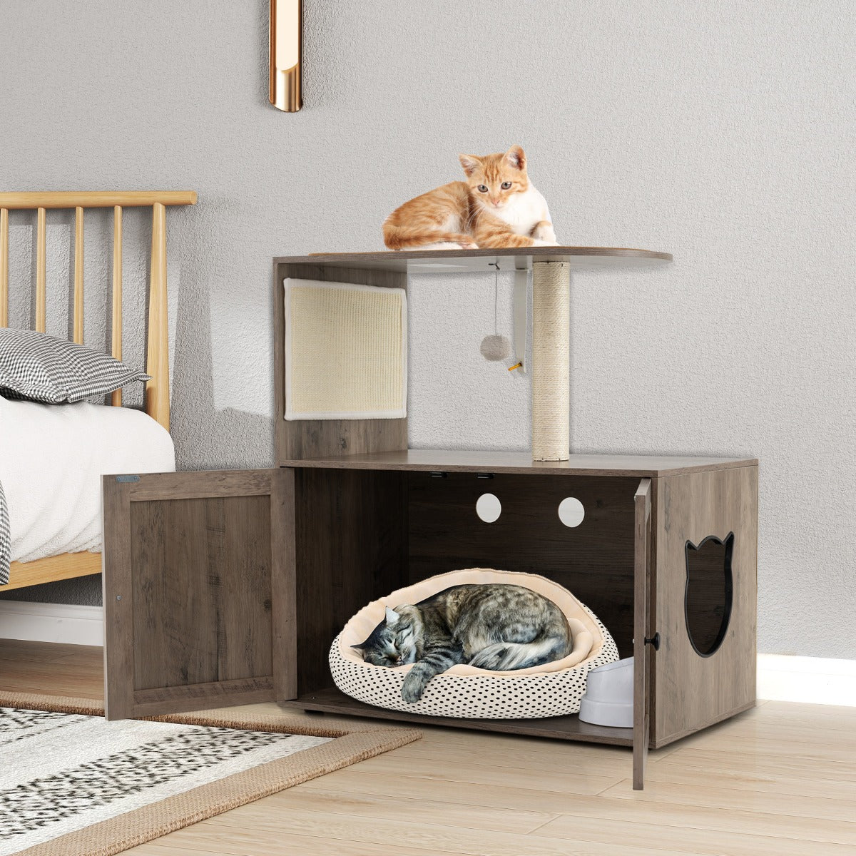 Árvore para Gatos com Caixa de Areia Oculta, Poste Arranhador de Sisal, Bola Pendurada e Tapete 80 x 45 x 87,5 cm Cinzento