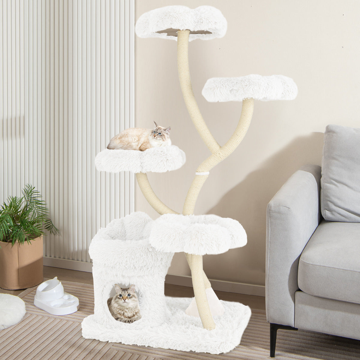 Árvore para Gatos Independente Alta com 4 Plataformas em Forma de Flor Postes de Arranhar de Sisal Condomínio Privado para Gatos Branco