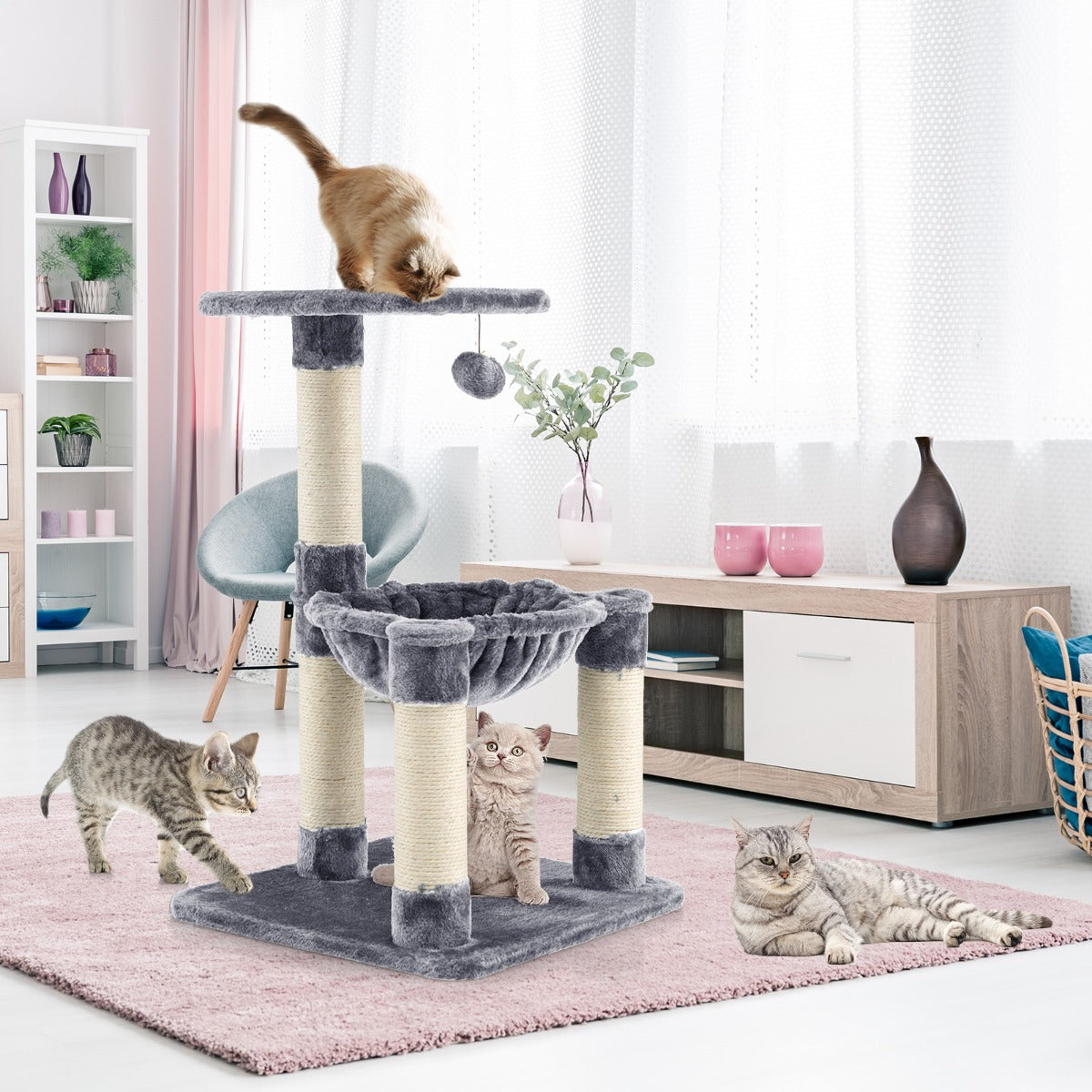 Árvore Arranhador para Gatos – 64 cm – Cinzenta – Sisal e Pelúcia