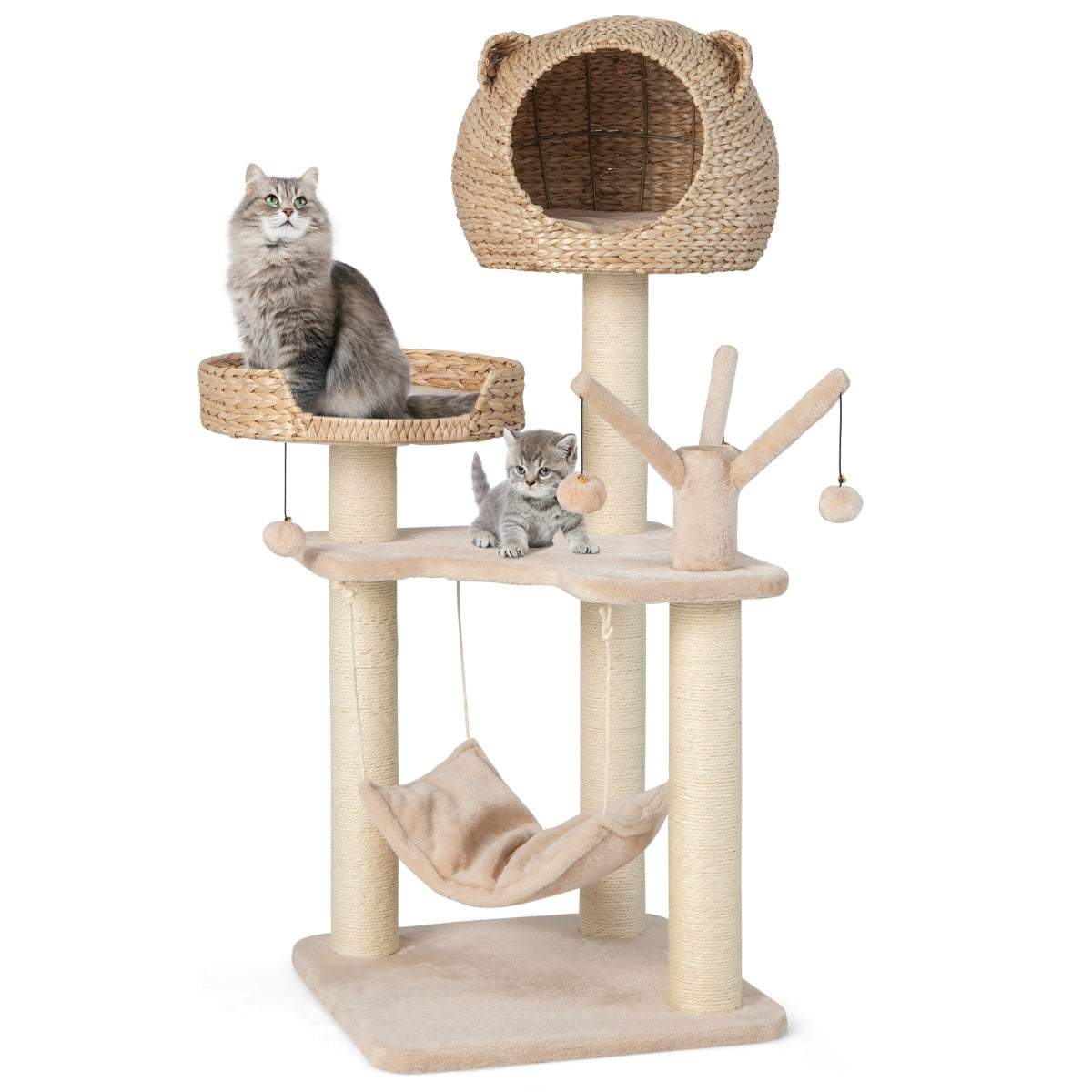 Árvore para Gatos com Rede, Bolas Penduradas Giratórias e Cama Grande de Várias Camadas 49,5 x 49,5 x 121 cm Natural