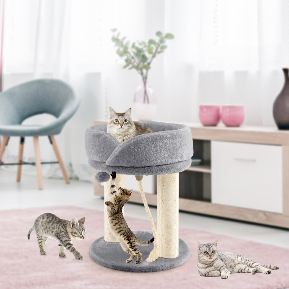 Arranhador para Gatos Altura 53 cm Torre para Gatos 4 em 1 com Plataforma Base Acolchoada Bola de Brincar e Corda de Sisal Cinzento