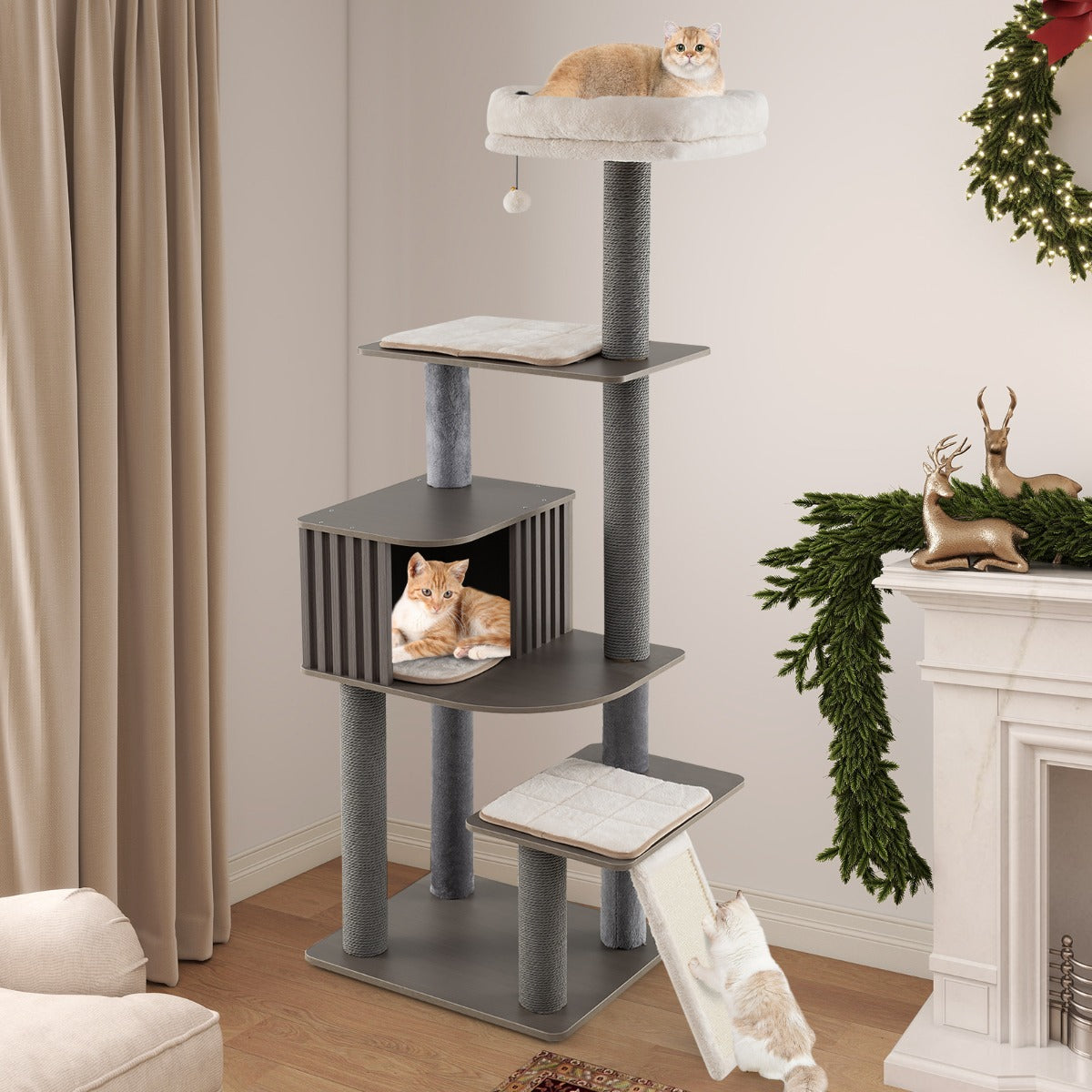 Árvore para Gatos com Poste Arranhador, Casota e Plataforma - Cinzento