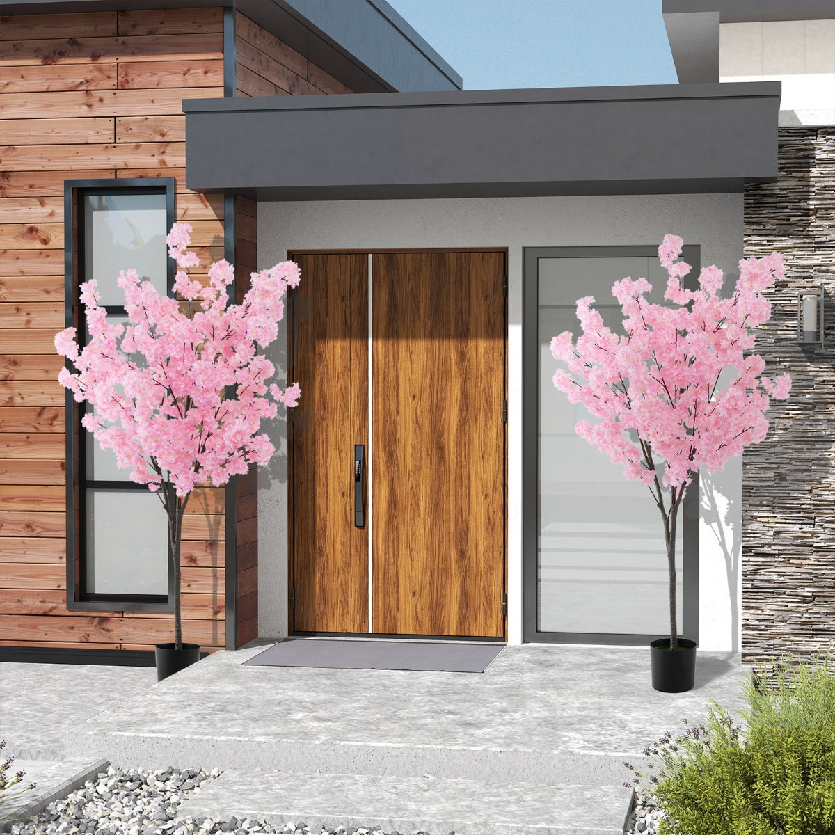 Árvore de Cerejeira Artificial de 190 CM com 900 Flores Rosas Tronco de PE e Base de Cimento Sem Montagem Planta Floral Falsa em Vaso