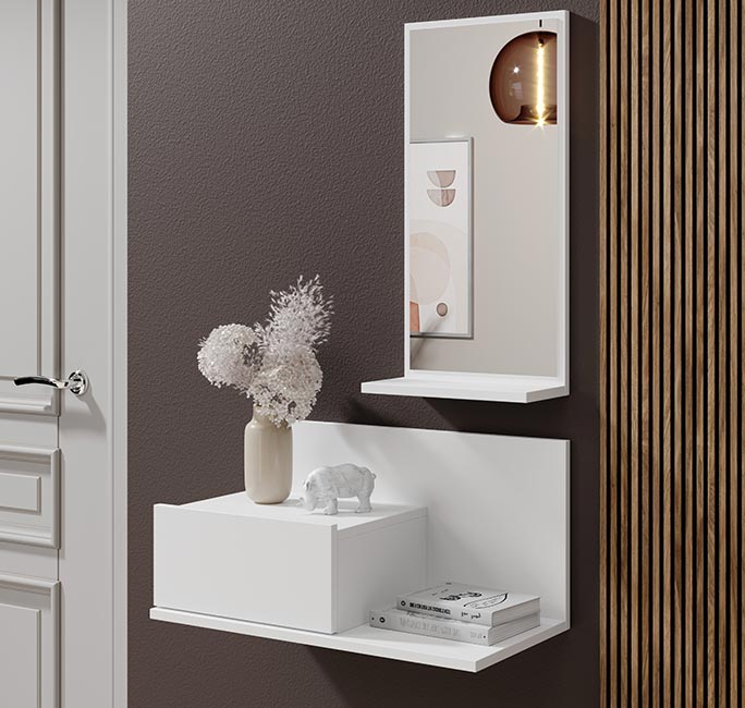 Móvel de entrada com espelho e gaveta – 60cm x 85,5cm x 30cm – branco – melamina