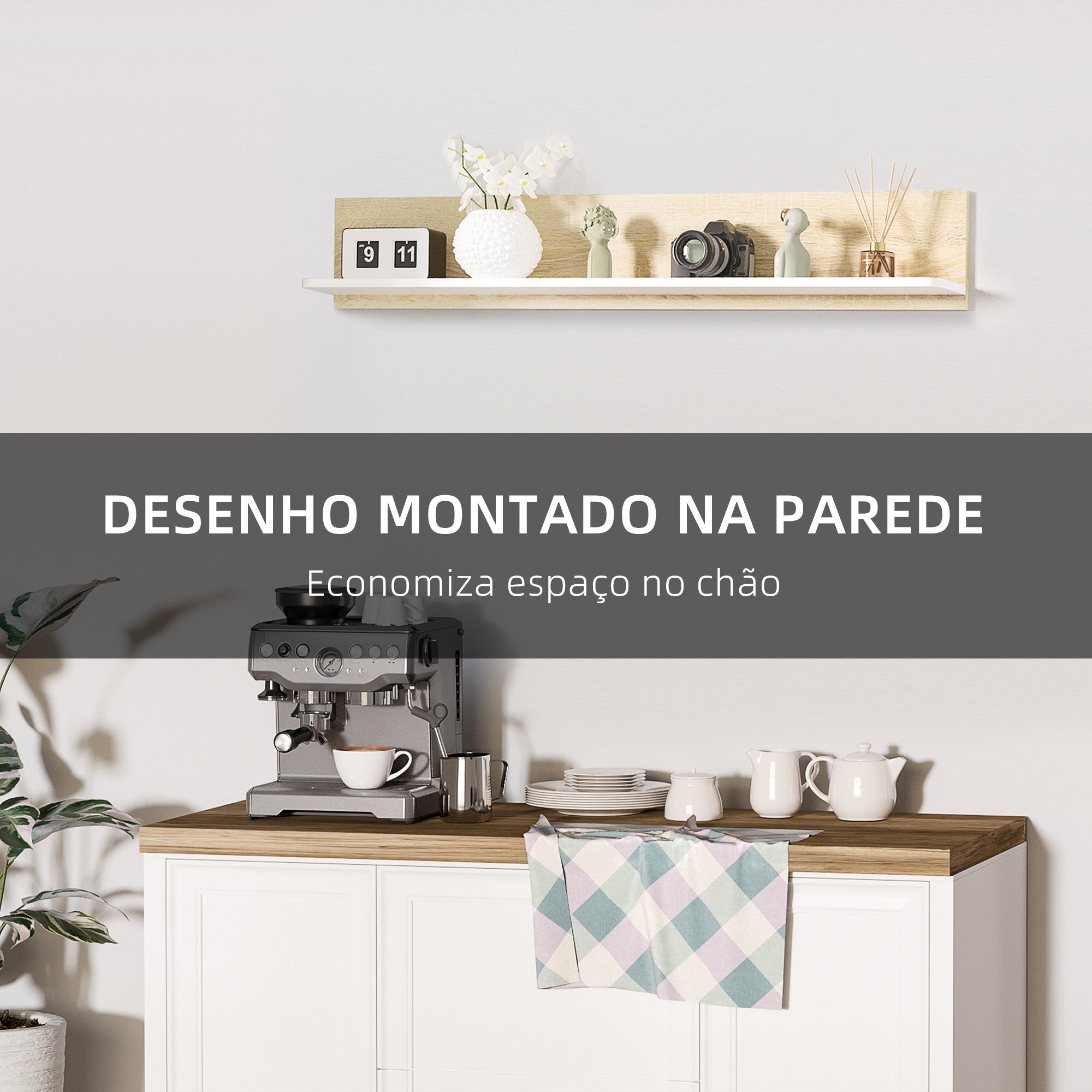 Estante Flutuante de Madeira – 120x15x20 cm – Carvalho e Branco – Aglomerado