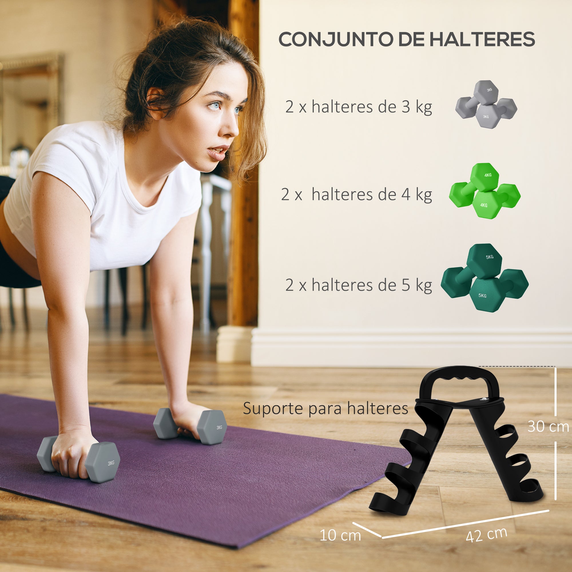 Conjunto de Halteres Hexagonais Multicor - 3kg, 4kg, 5kg - 42x10x30 cm