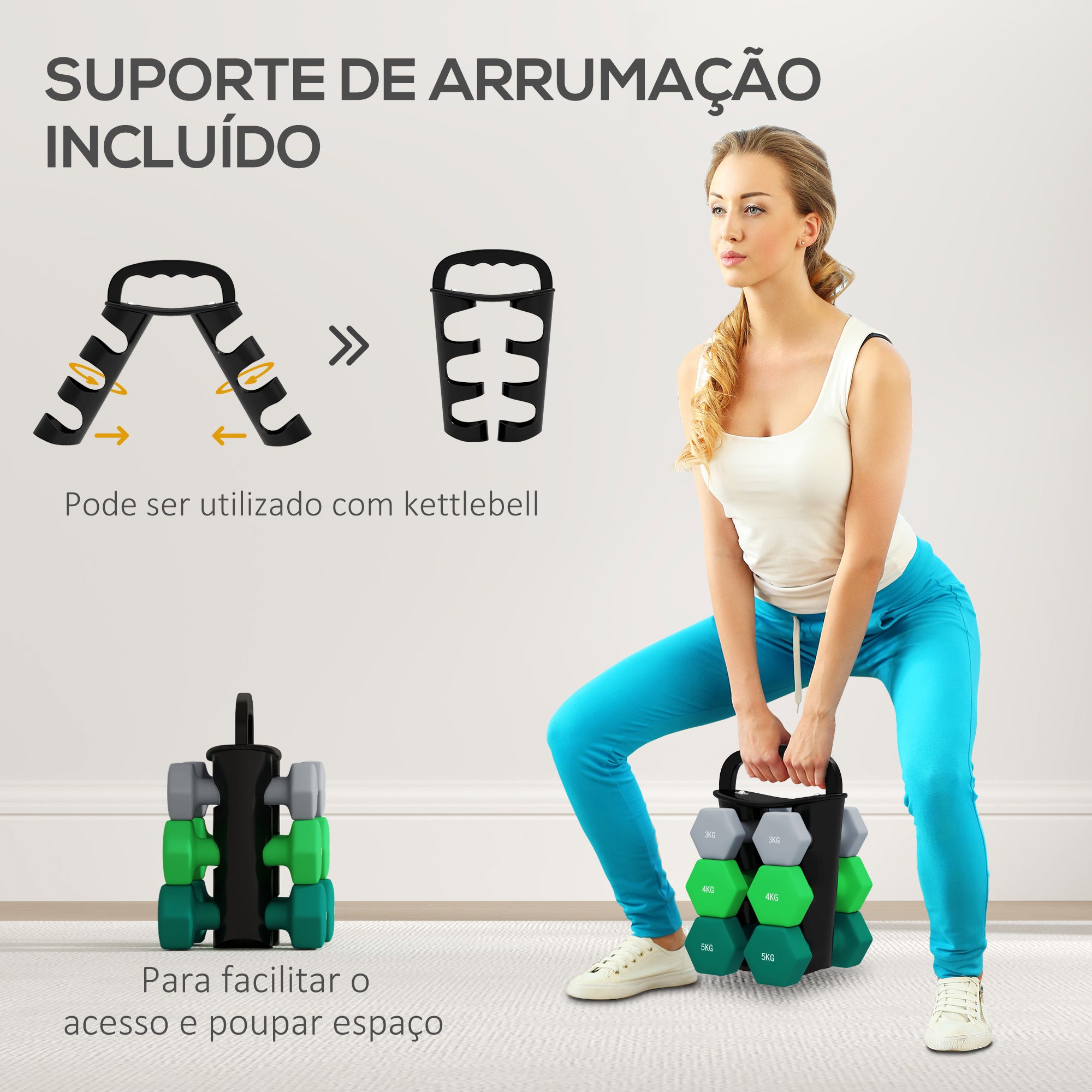 Conjunto de Halteres Hexagonais Multicor - 3kg, 4kg, 5kg - 42x10x30 cm