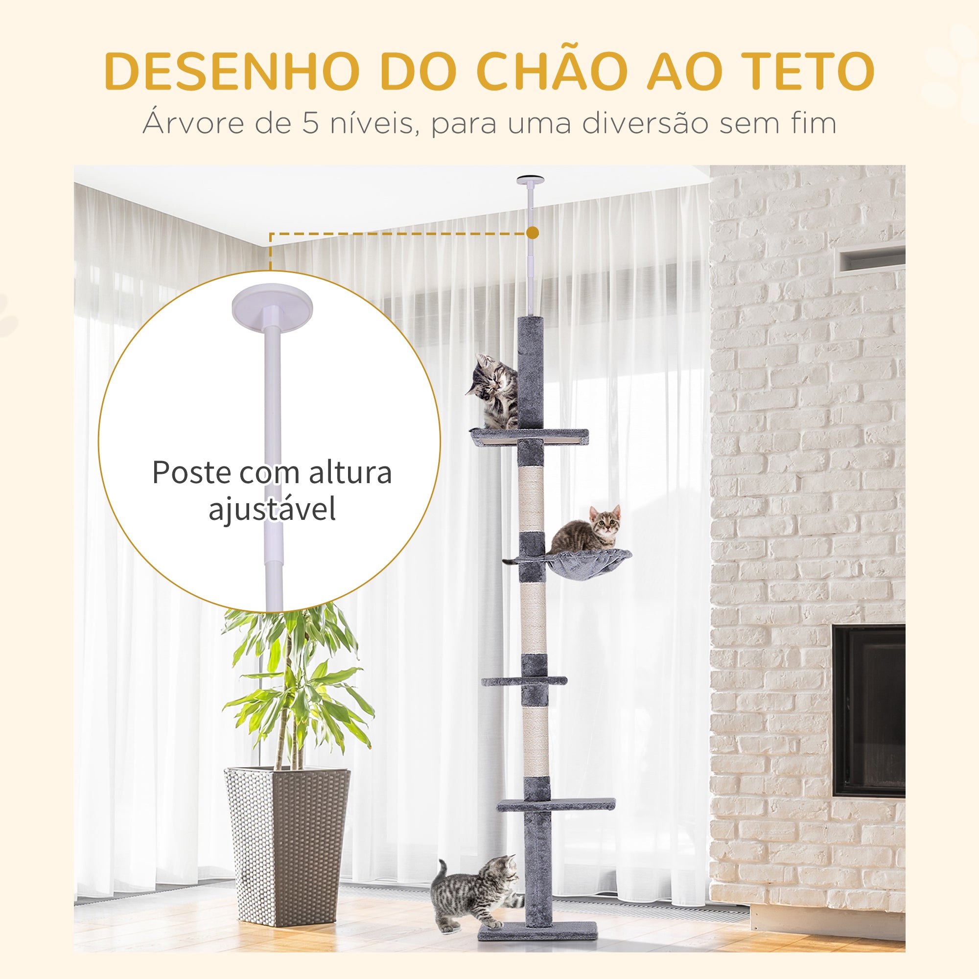 Árvore Arranhadora para Gatos Cinza 40x34x260cm - Centro de Atividades Vertical Ajustável