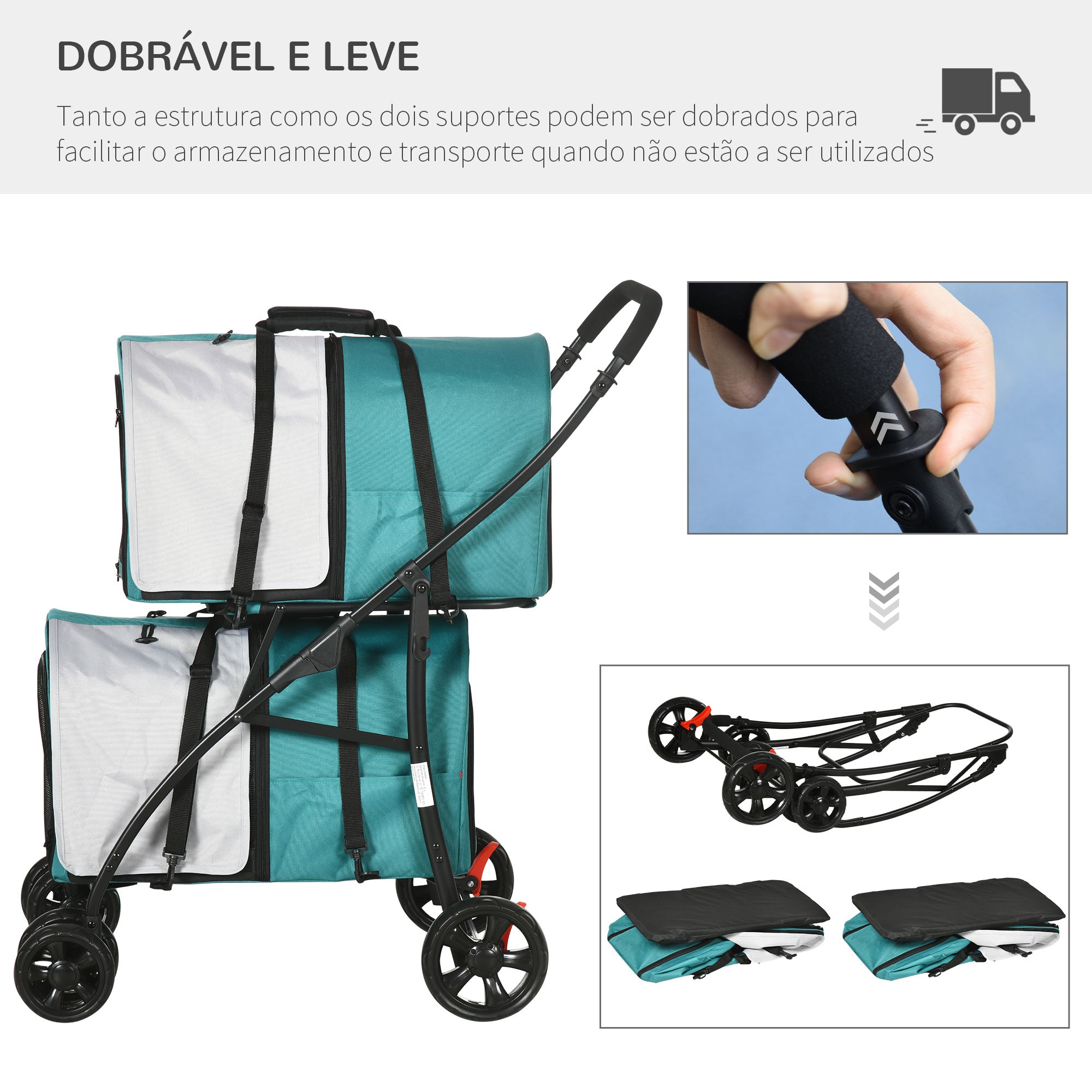 Carrinho Duplo para Animais de Estimação 66x50x98 cm - Turquesa e Cinza
