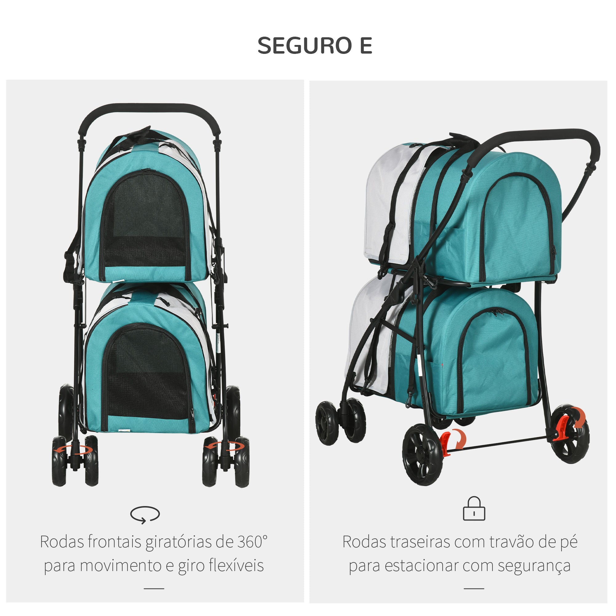 Carrinho Duplo para Animais de Estimação 66x50x98 cm - Turquesa e Cinza