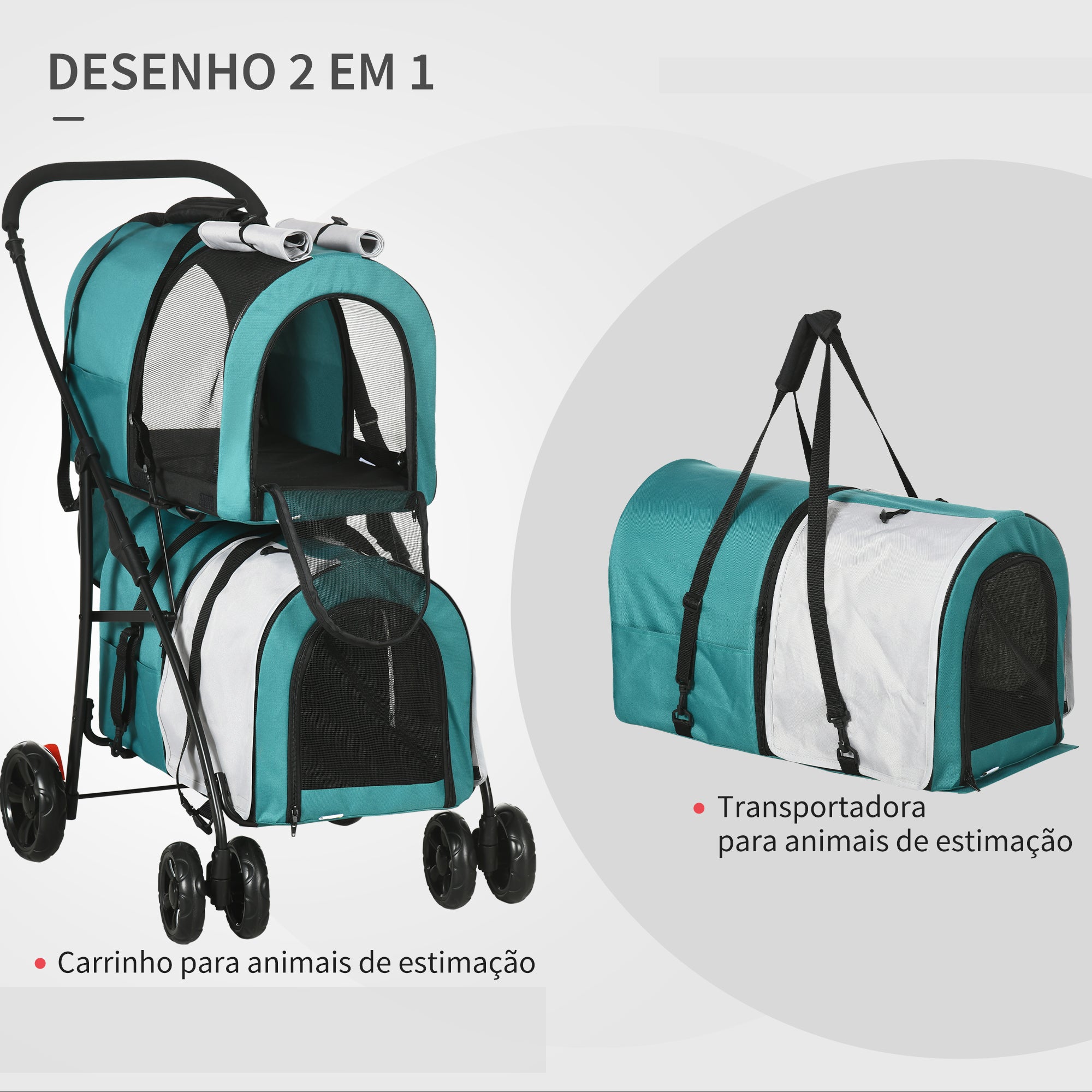 Carrinho Duplo para Animais de Estimação 66x50x98 cm - Turquesa e Cinza