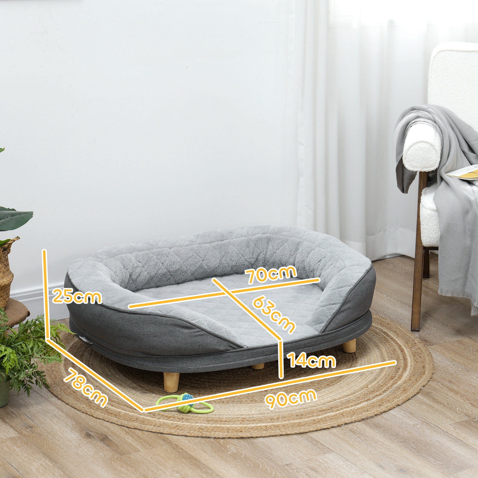 Sofá para cães – 90x78x25 cm – Cinzento – Poliéster, MDF, espuma e madeira de pinho