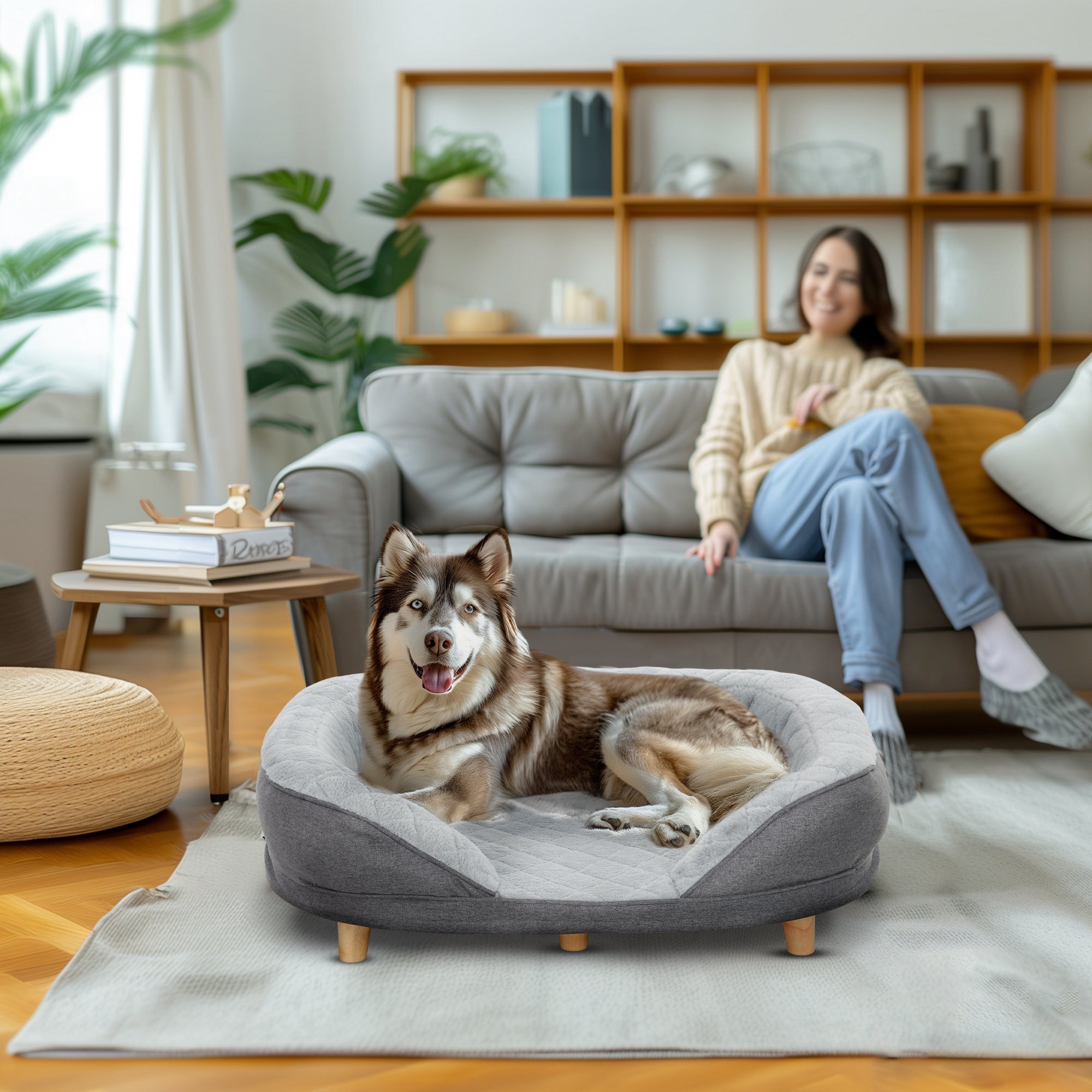 Sofá para cães – 90x78x25 cm – Cinzento – Poliéster, MDF, espuma e madeira de pinho