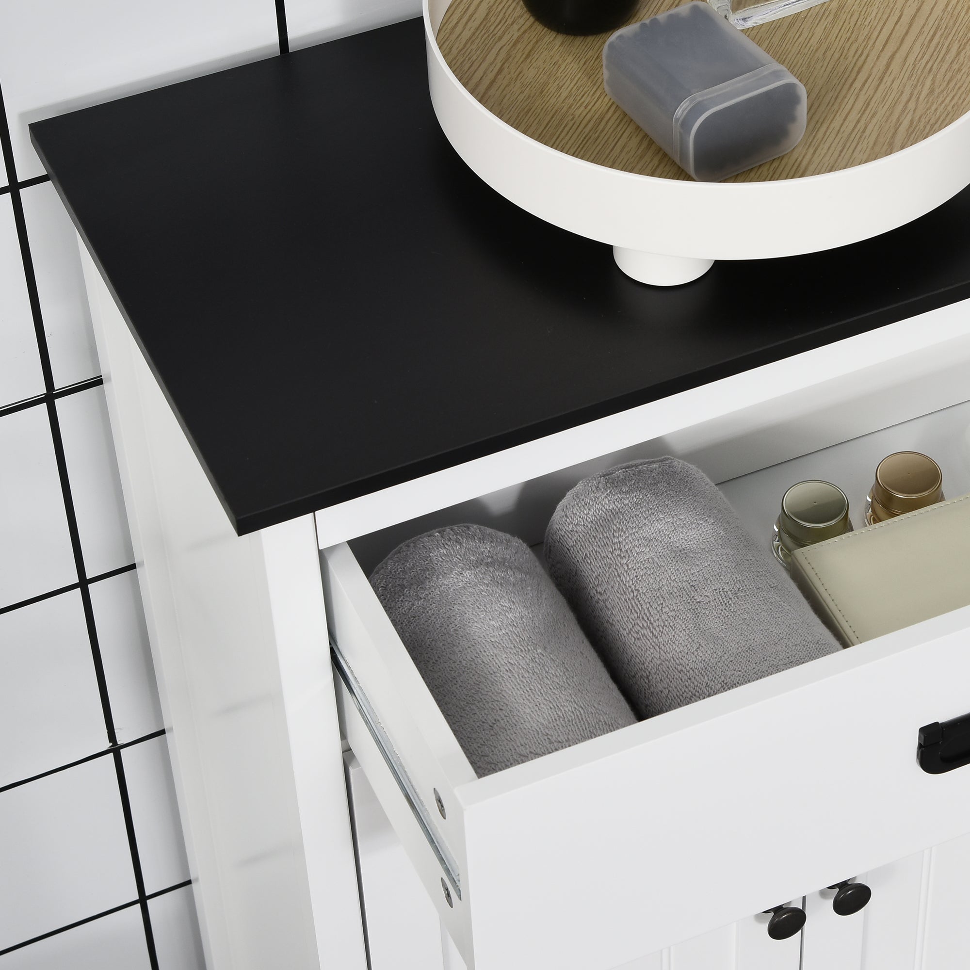 Armário de Casa de Banho Auxiliar – 60x30x80cm – Branco e Preto – Melamina de madeira e MDF