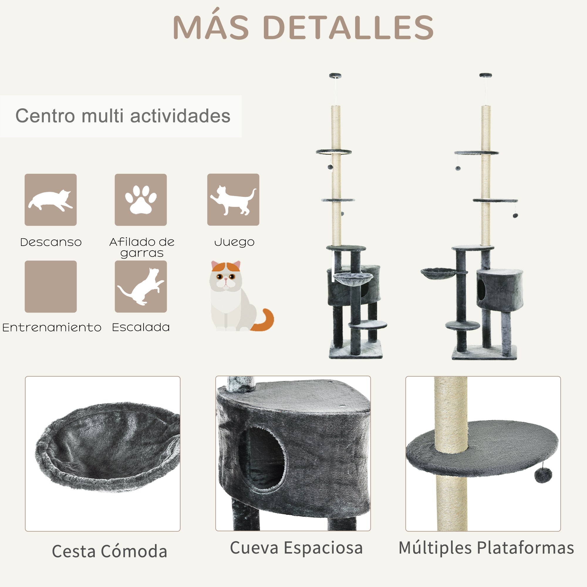 Árvore para Gatos Cinzenta 55x45x220-245 cm Altura Ajustável ao Teto