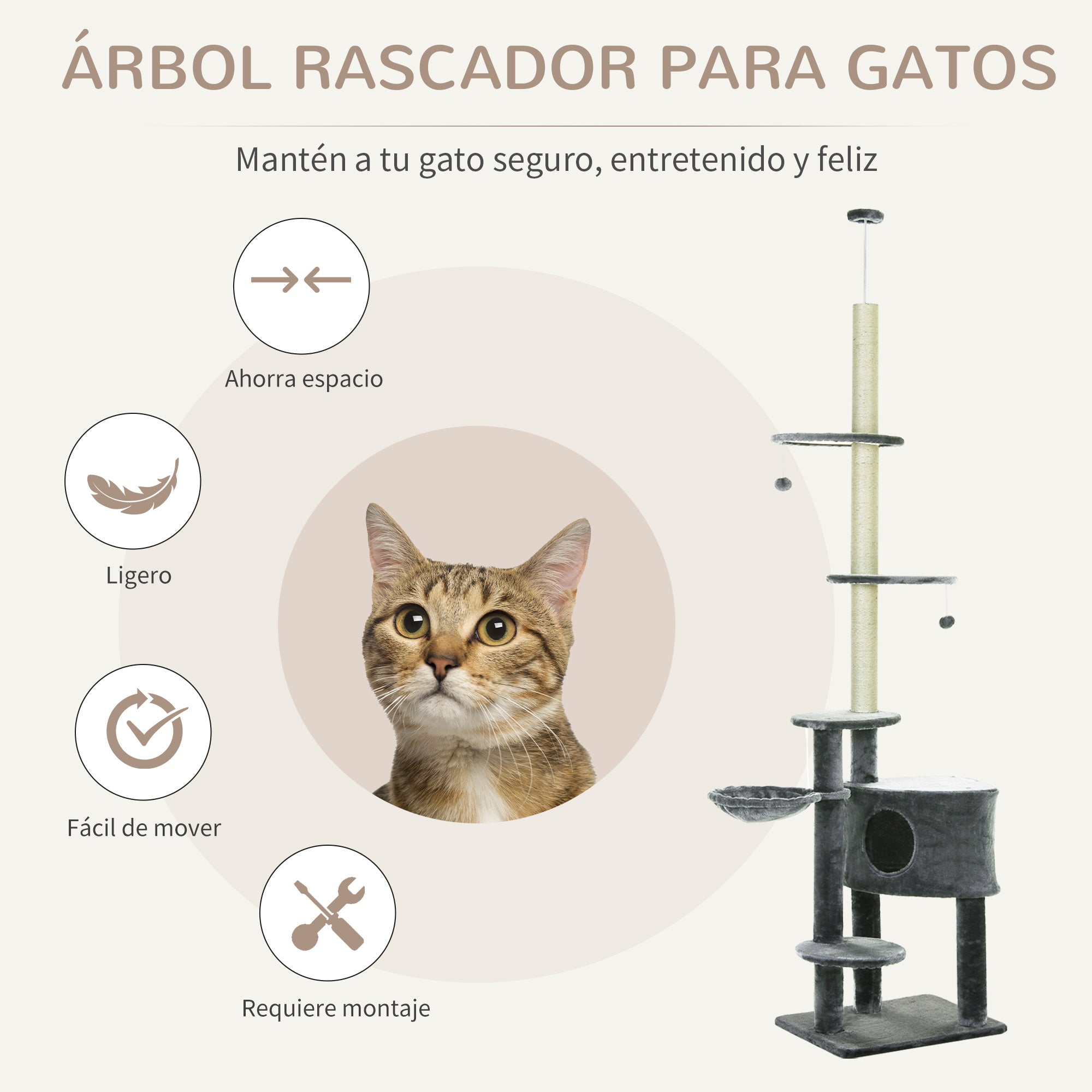 Árvore para Gatos Cinzenta 55x45x220-245 cm Altura Ajustável ao Teto