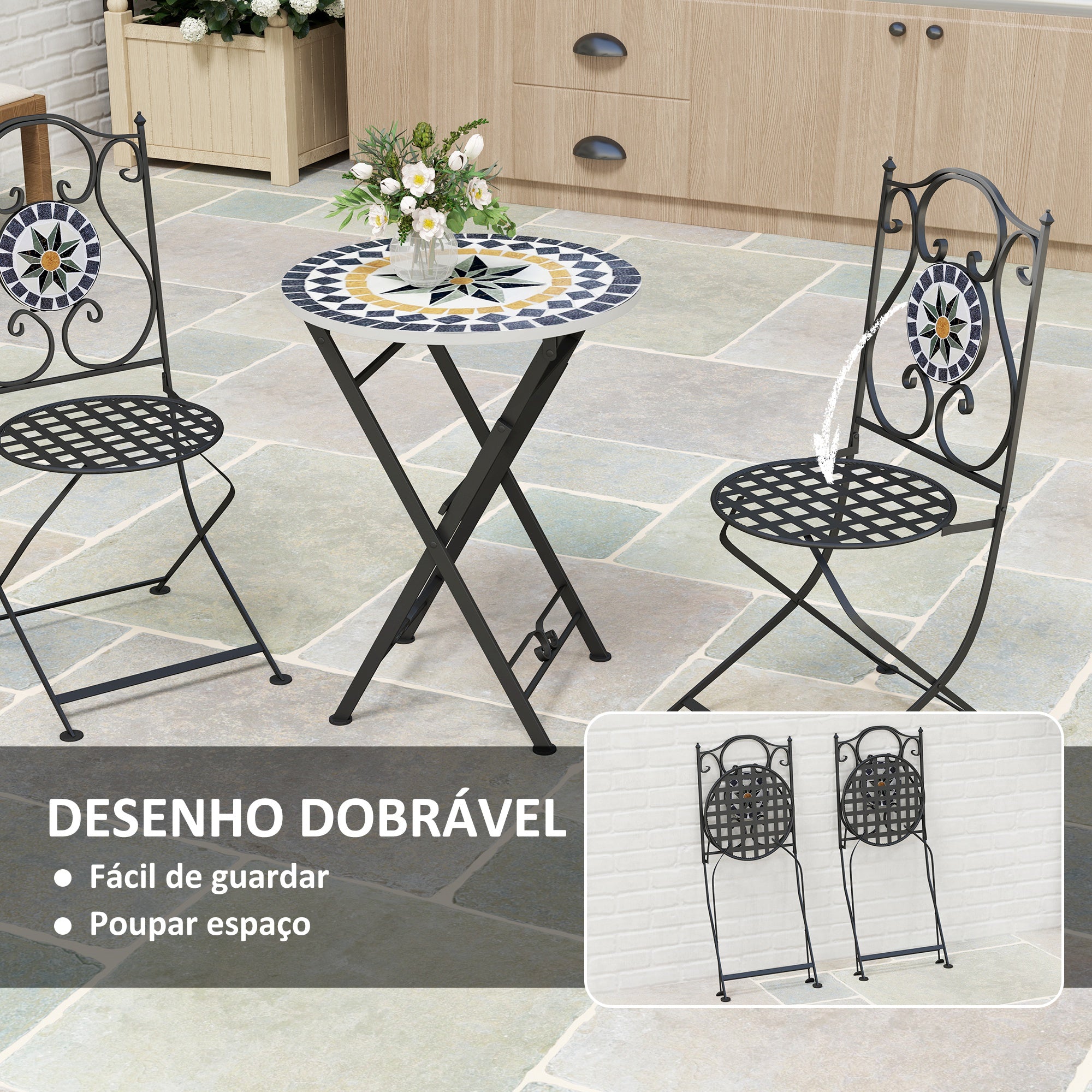Conjunto de Jardim Multicor 3 Peças 39x54,5x94 cm Mesa Redonda Cadeiras Dobráveis