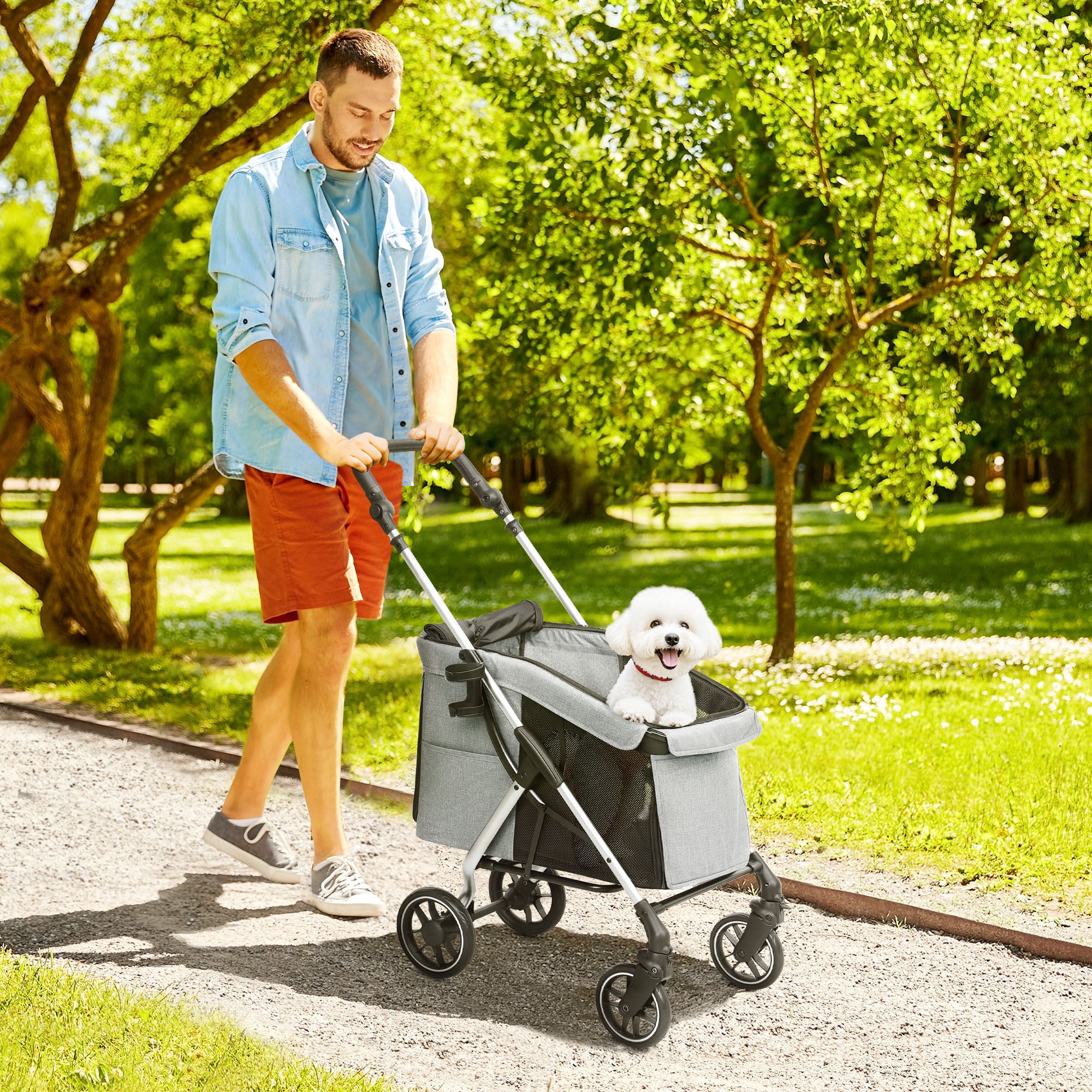 Carrinho de Passeio para Cães Pequenos Dobrável 80x48,5x106 cm - Cinza Claro