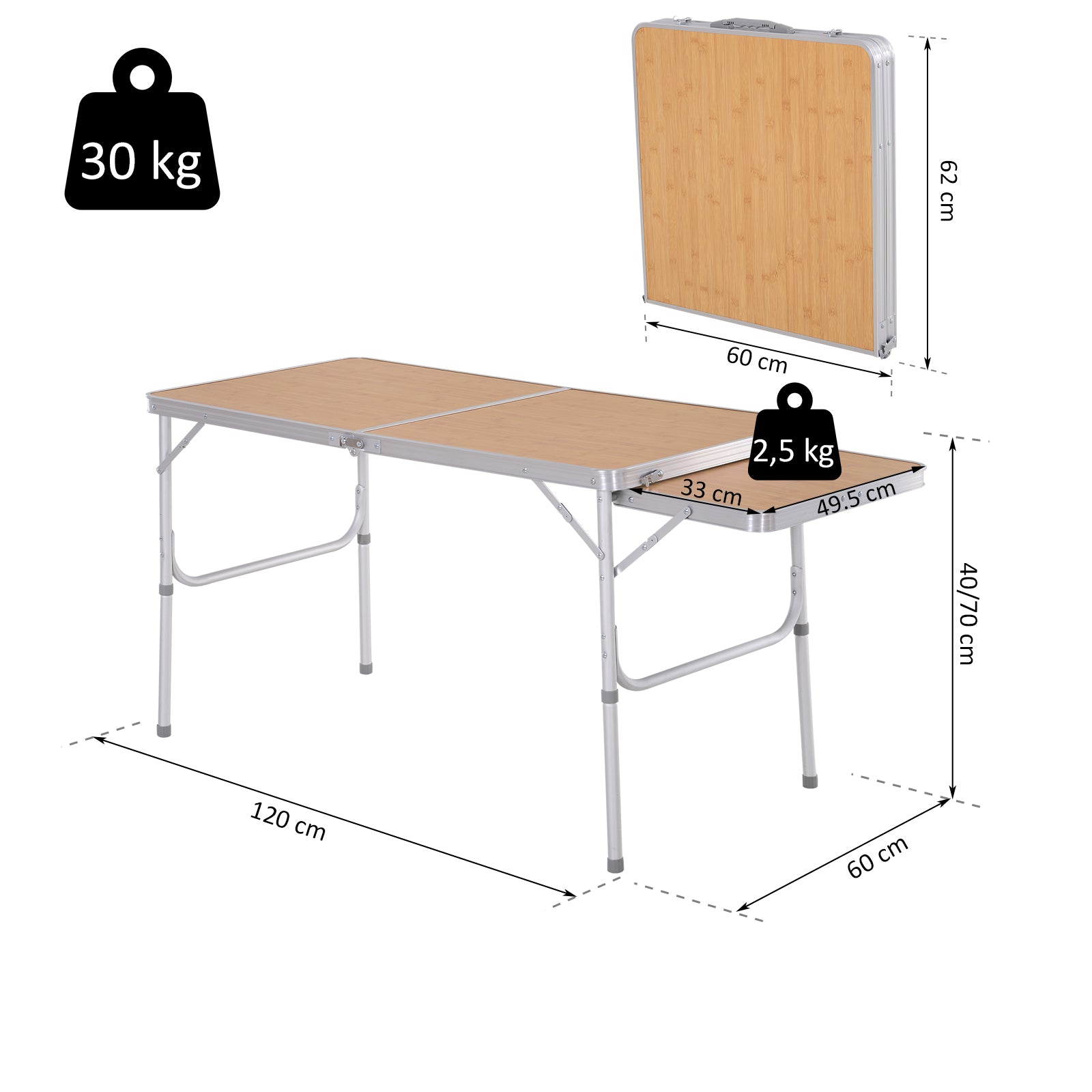 Mesa de Acampamento Dobrável – 120x60x(40/70) cm – Natural – Alumínio e MDF