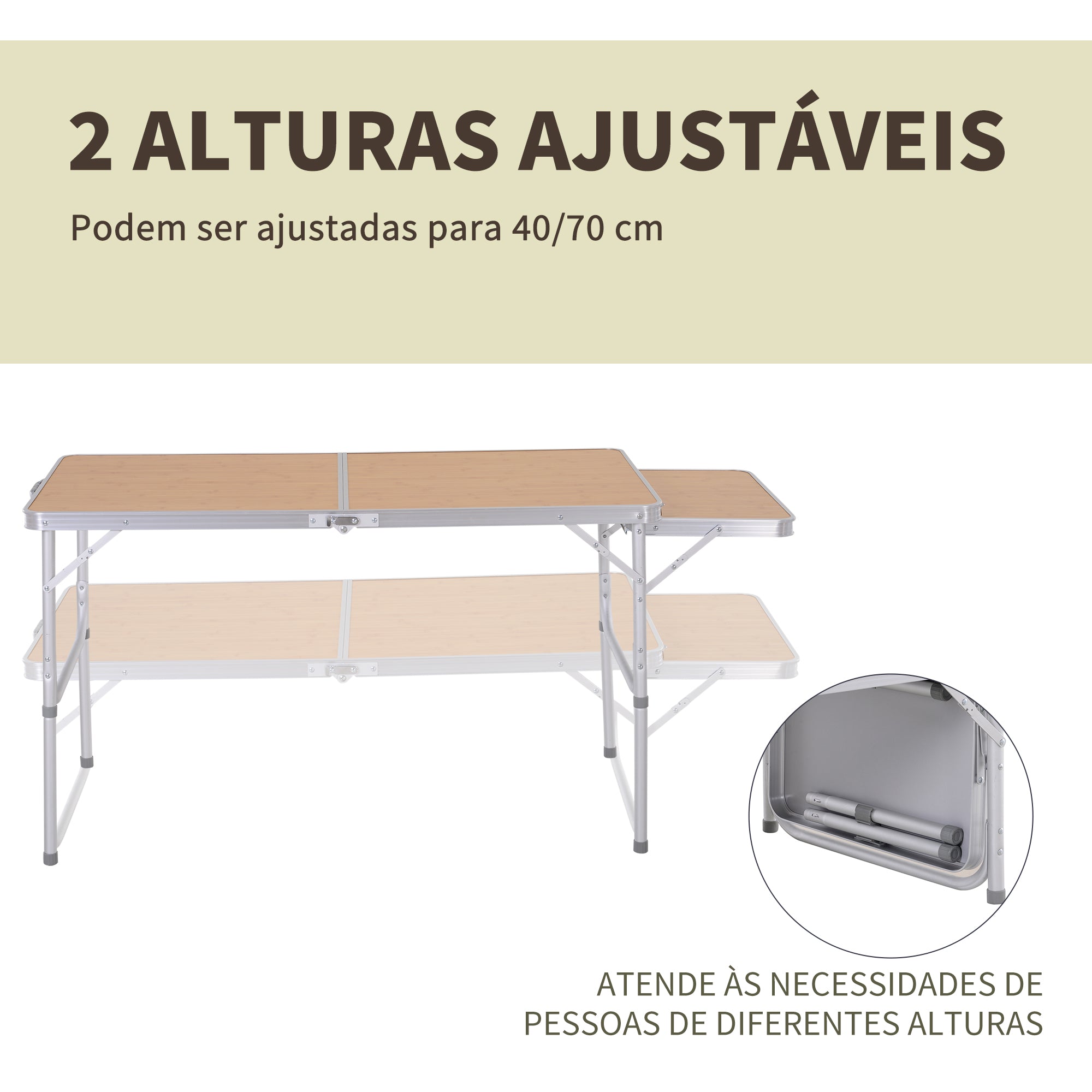 Mesa de Acampamento Dobrável – 120x60x(40/70) cm – Natural – Alumínio e MDF