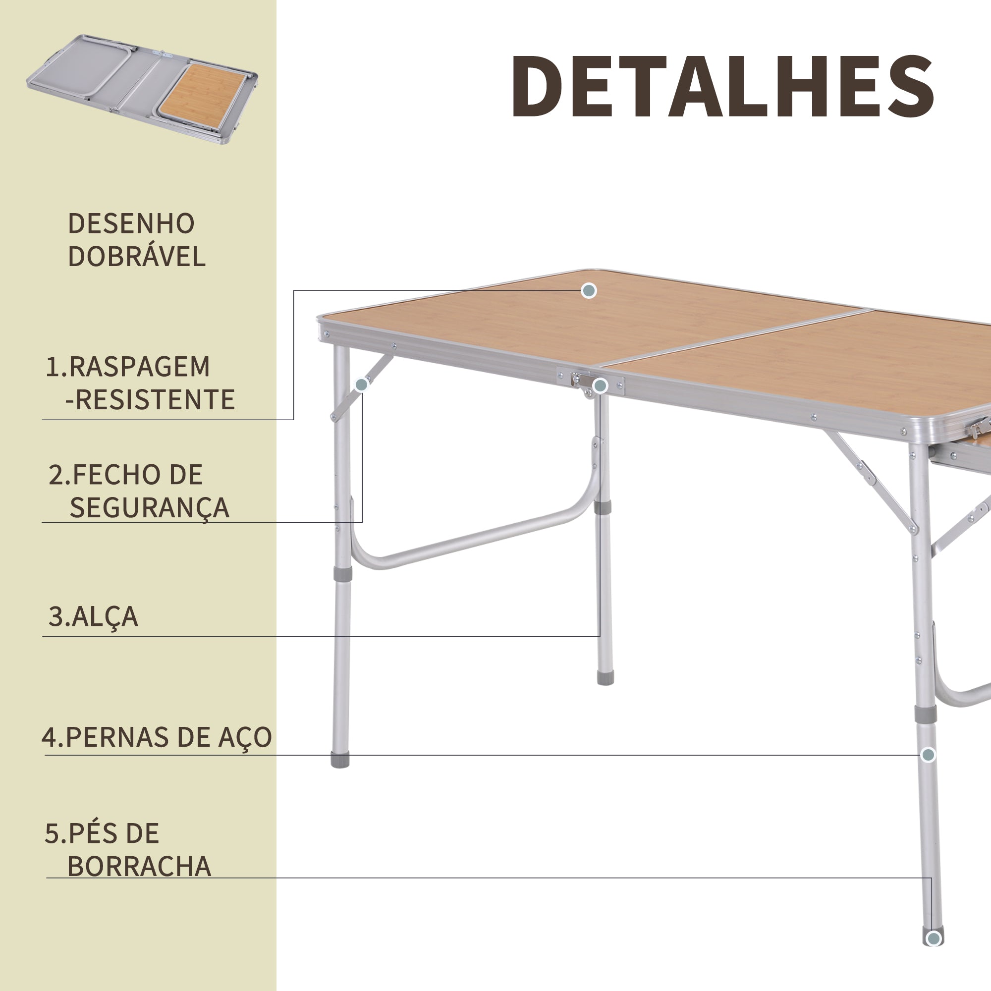 Mesa de Acampamento Dobrável – 120x60x(40/70) cm – Natural – Alumínio e MDF
