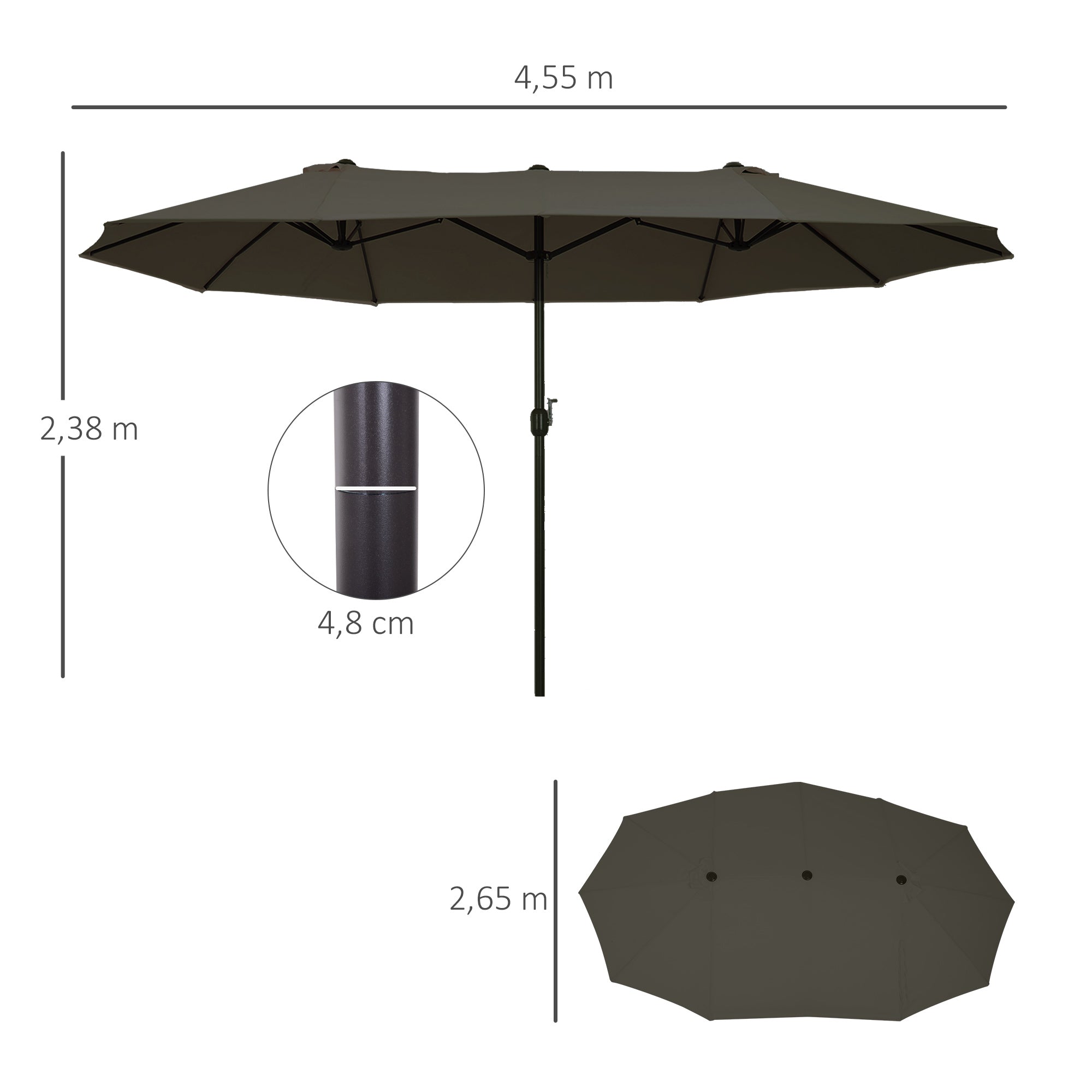 Chapéu de Sol Duplo Cinzento 460x270x240cm Anti UV com Manivela