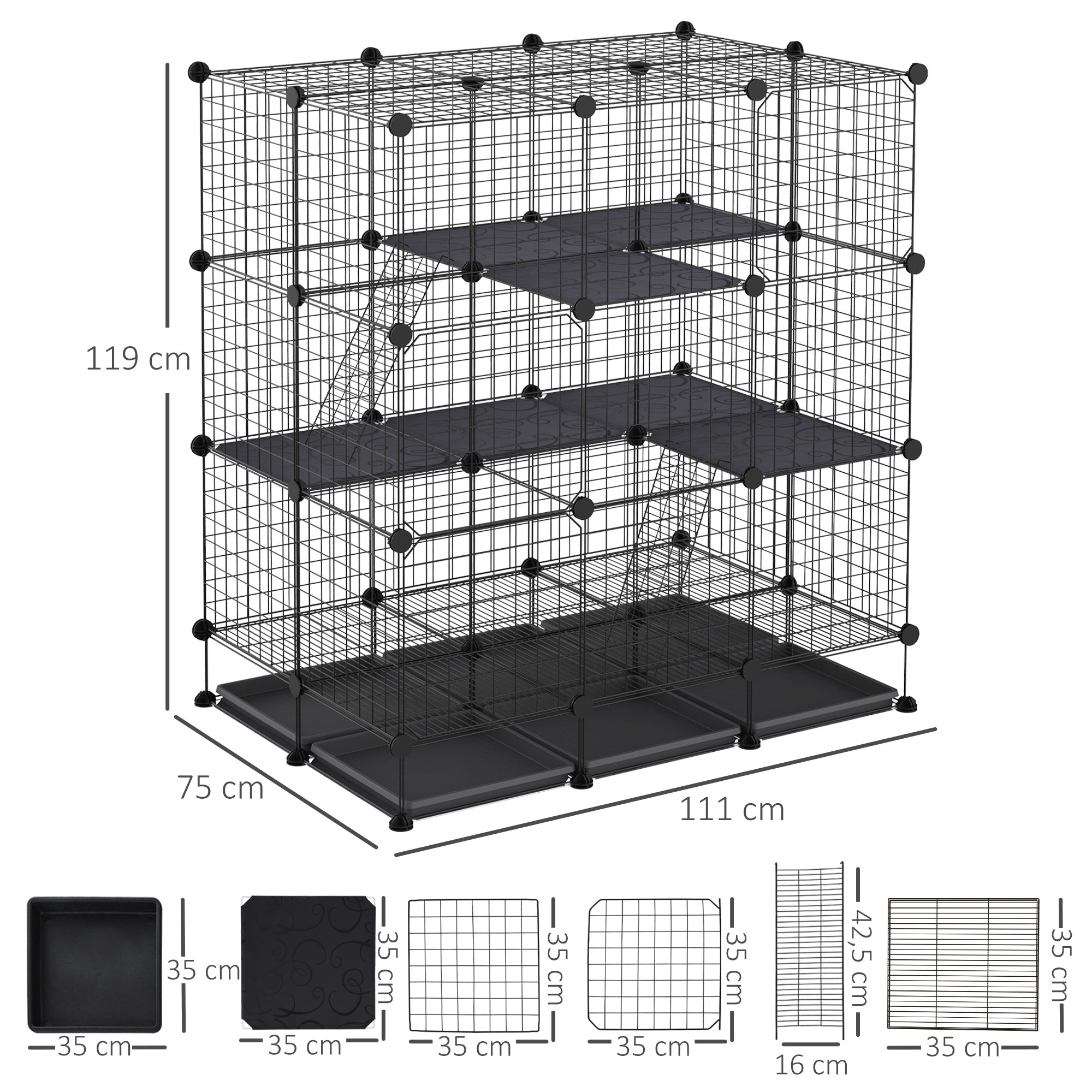 Recinto Metálico para Animais de Estimação DIY Preto 111x75x119 cm