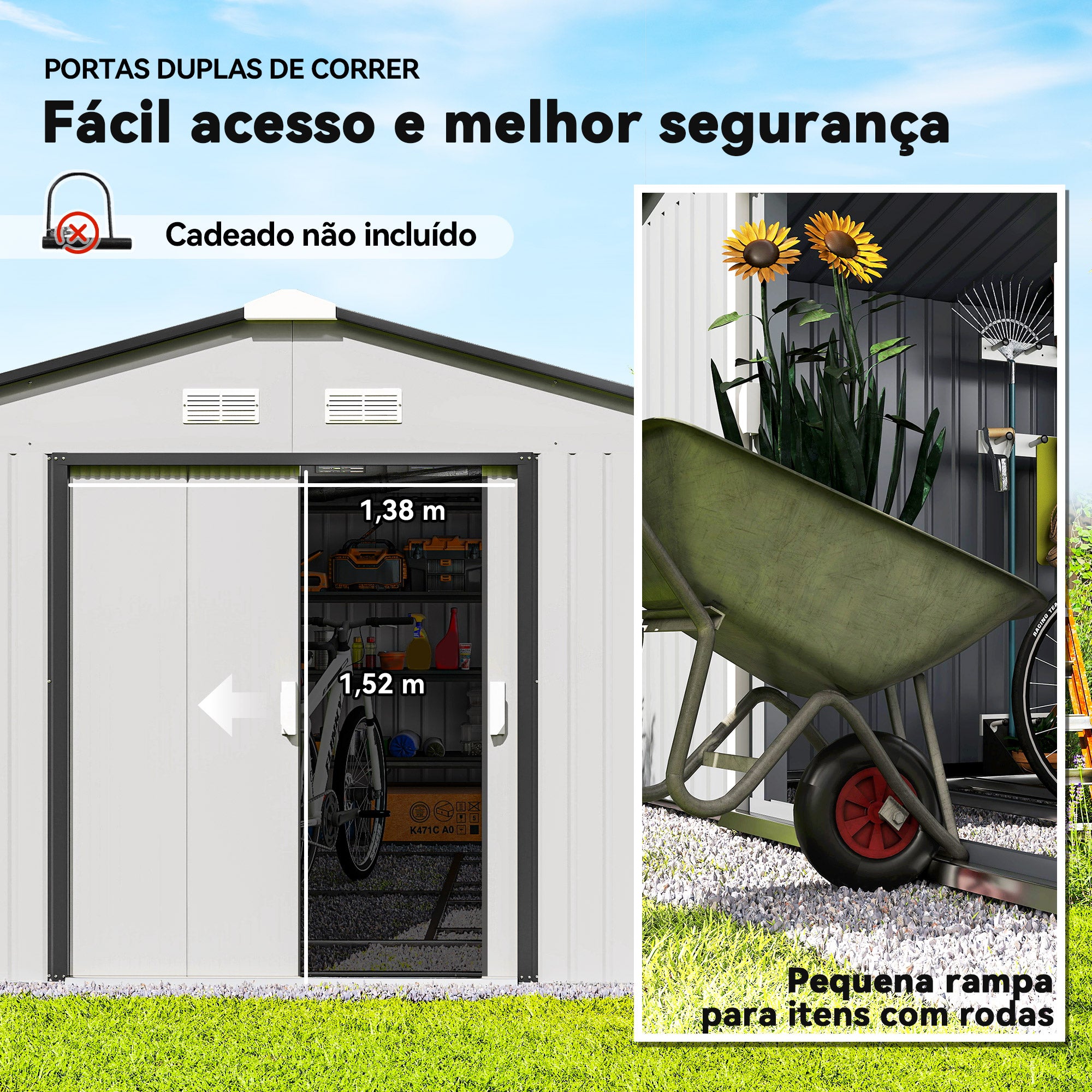 Abrigo de Jardim Metálico – 340x386x200 cm – Branco e Cinza Escuro – Aço Galvanizado